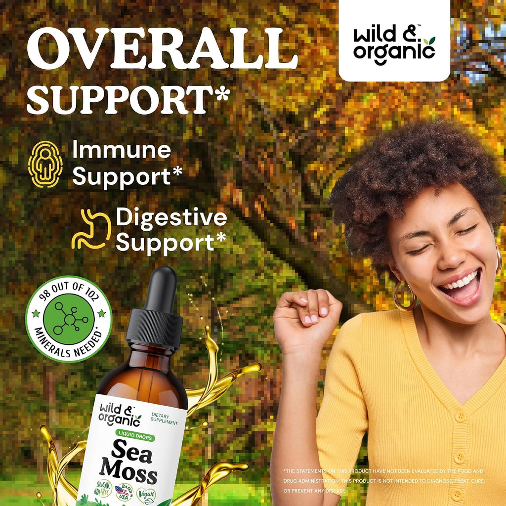 Wild & Organic Gotas Líquidas de Musgo Marino y Bladderwrack - Tintura Multimineral - Vegana, Sin Azúcar ni Alcohol - 60 ml