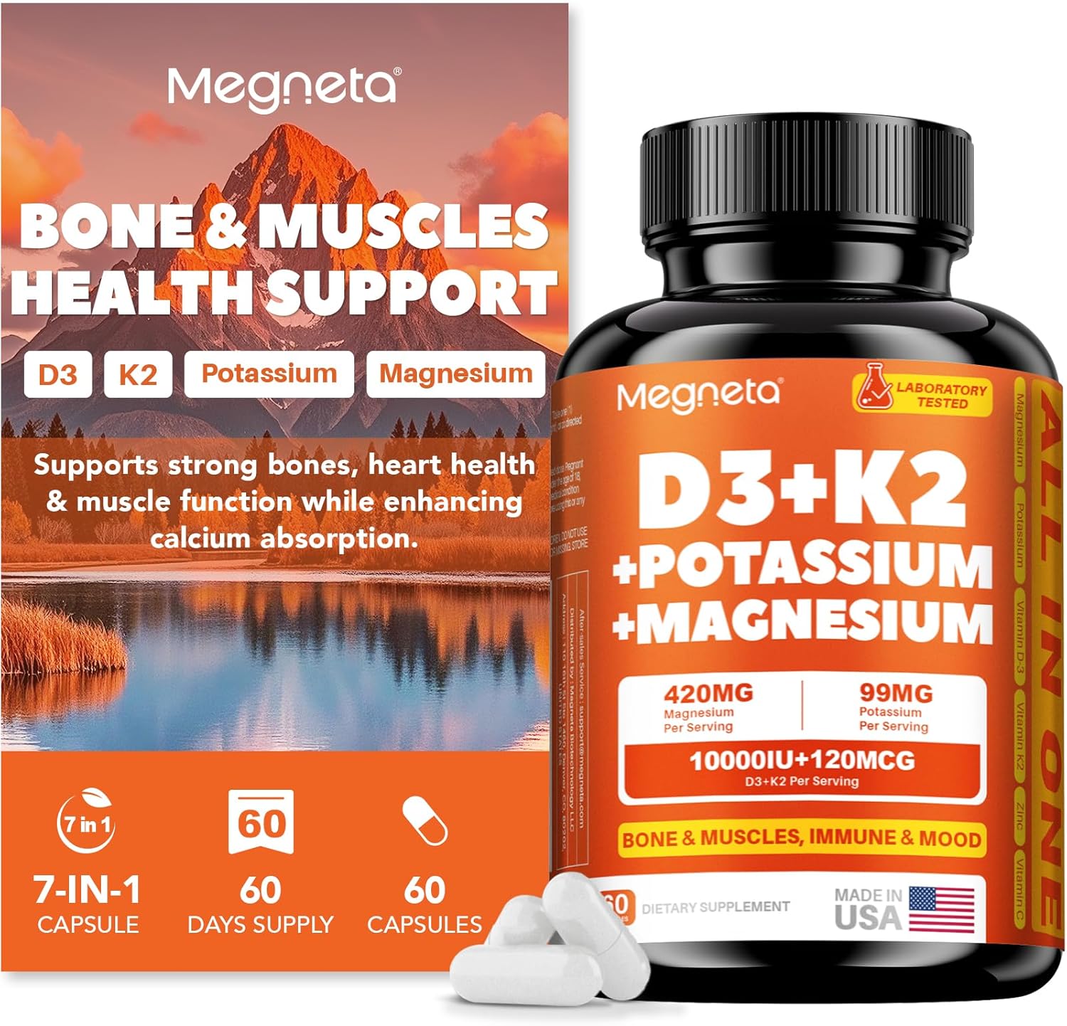 Vitamina D3 K2 (MK-7) 10.000 UI con Magnesio Glicinato y Potasio - Complejo Sistémico para Huesos, Músculos, Corazón e Inmunidad - Alta Absorción, 60 Cápsulas