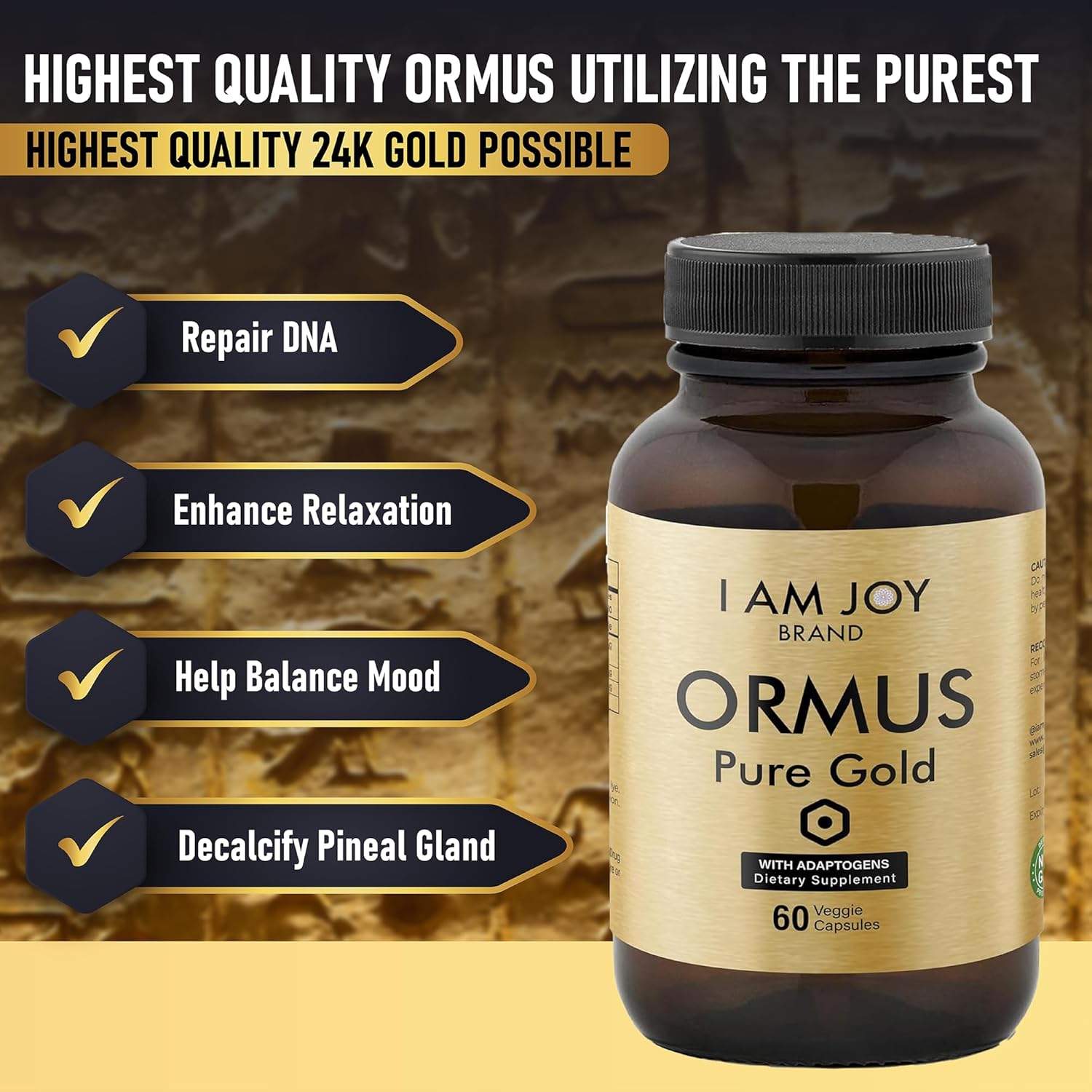 I Am Joy co. Ormus Gold Cápsulas - Elementos Monoatómicos con Adaptógenos, Maca y Ashwaganda - 60 Cápsulas Veganas