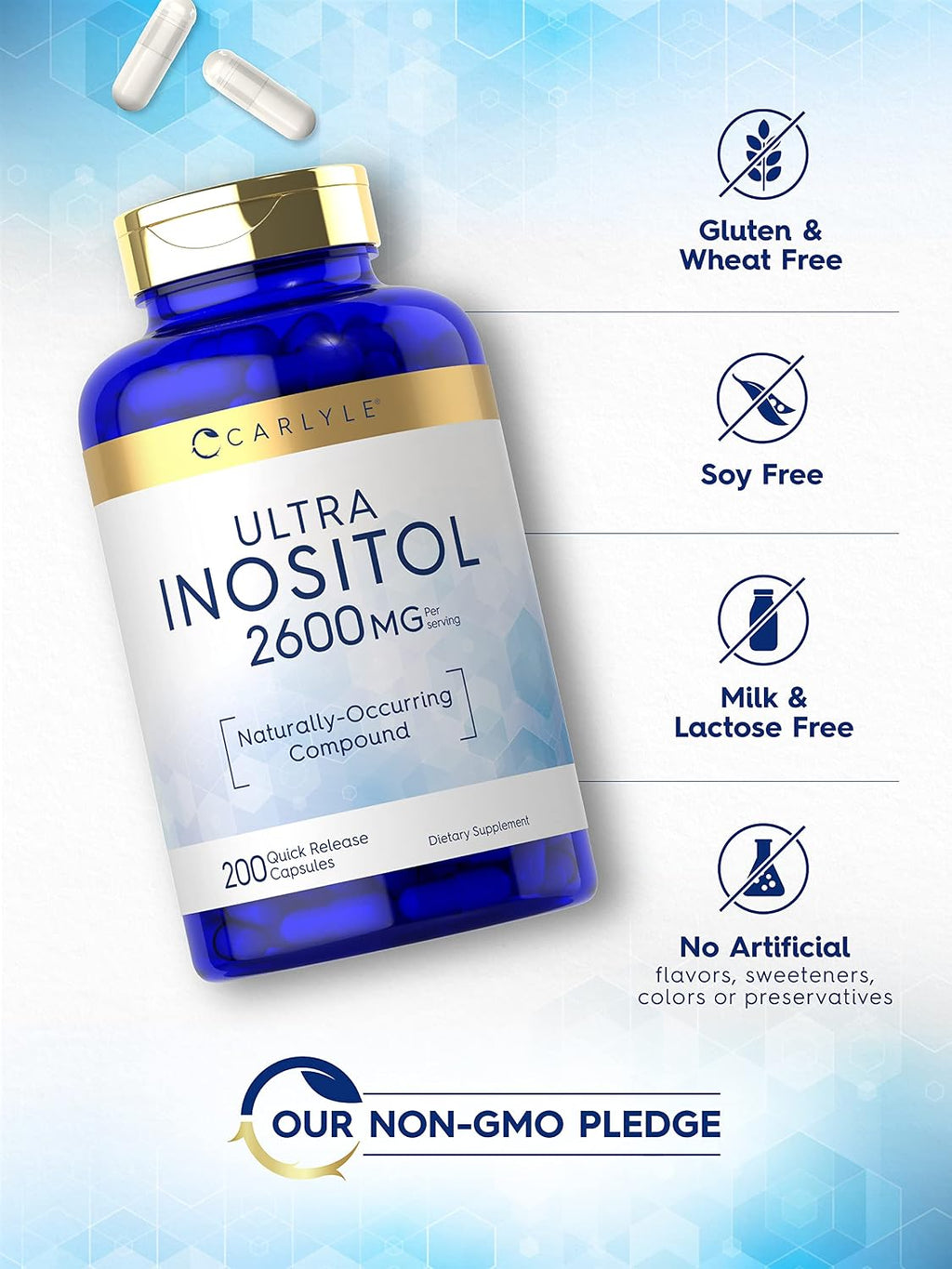 Carlyle Inositol 2600 mg - 200 Cápsulas - Myo-Inositol - No GMO, Sin Gluten