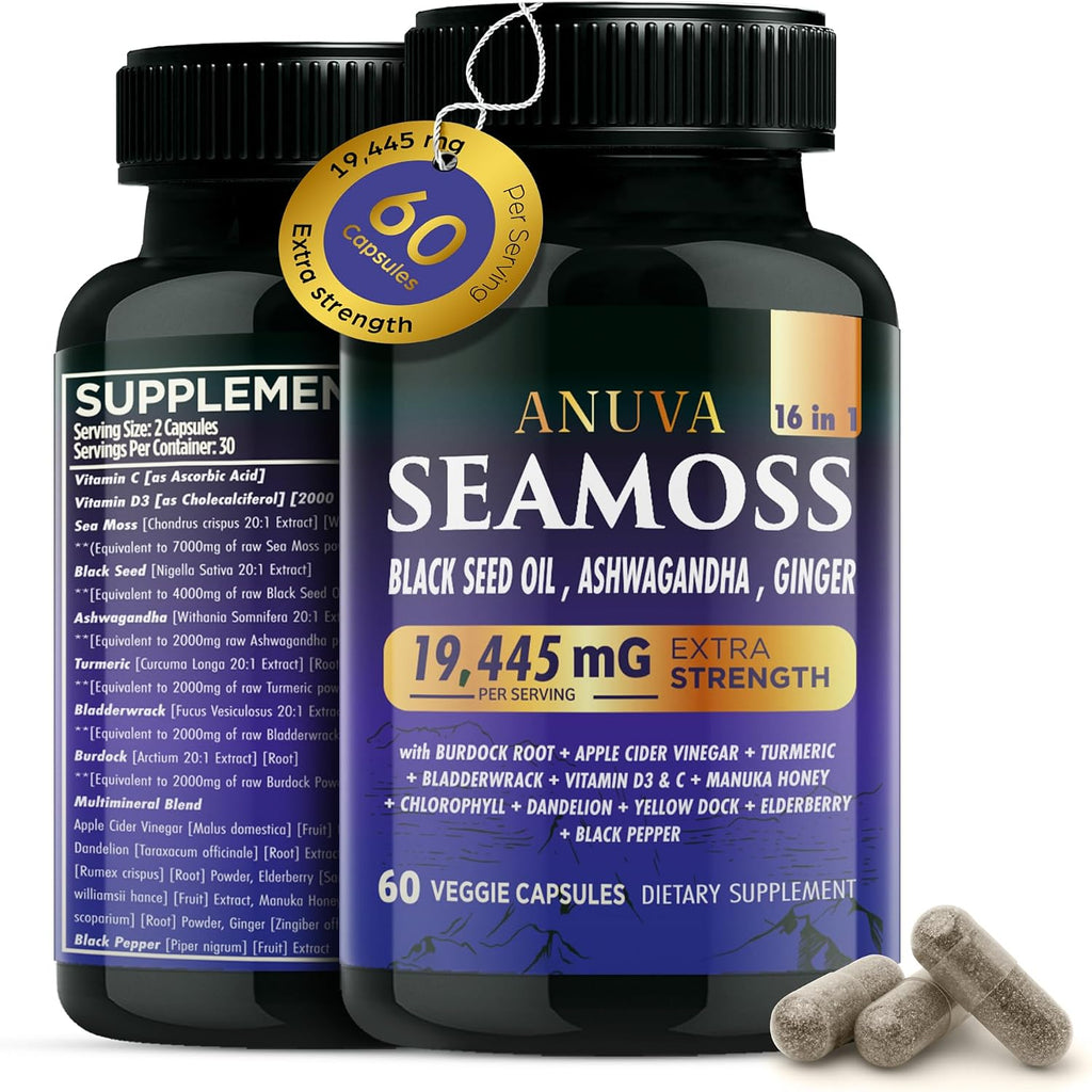 Anuva 16 en 1 Cápsulas de Sea Moss con Aceite de Semilla Negra, Ashwagandha, Vitamina C, D3, Cúrcuma, Bardana y Minerales - 60 Cápsulas Veganas