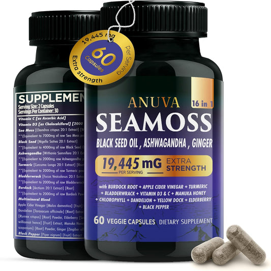 Anuva 16 en 1 Cápsulas de Sea Moss con Aceite de Semilla Negra, Ashwagandha, Vitamina C, D3, Cúrcuma, Bardana y Minerales - 60 Cápsulas Veganas