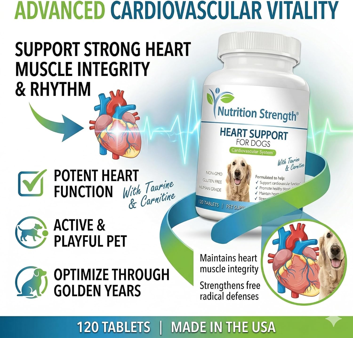 Nutrition Strength Apoyo cardíaco para perros con taurina y carnitina, 120 comprimidos masticables
