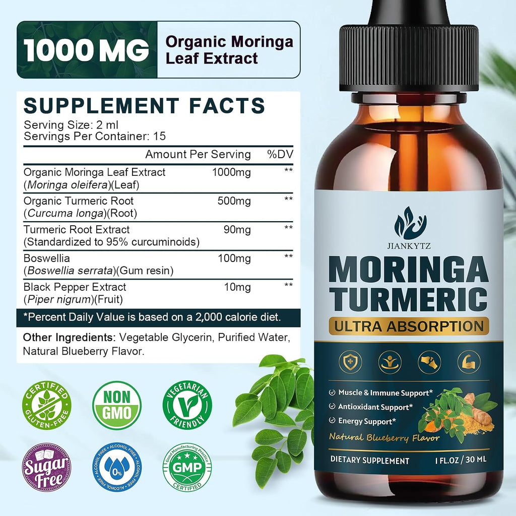 Extracto de Hojas de Moringa Orgánico en Gotas (2 Unidades) - con Cúrcuma, Boswellia y Pimienta Negra, Vegano, Sin Azúcar, 30 ml