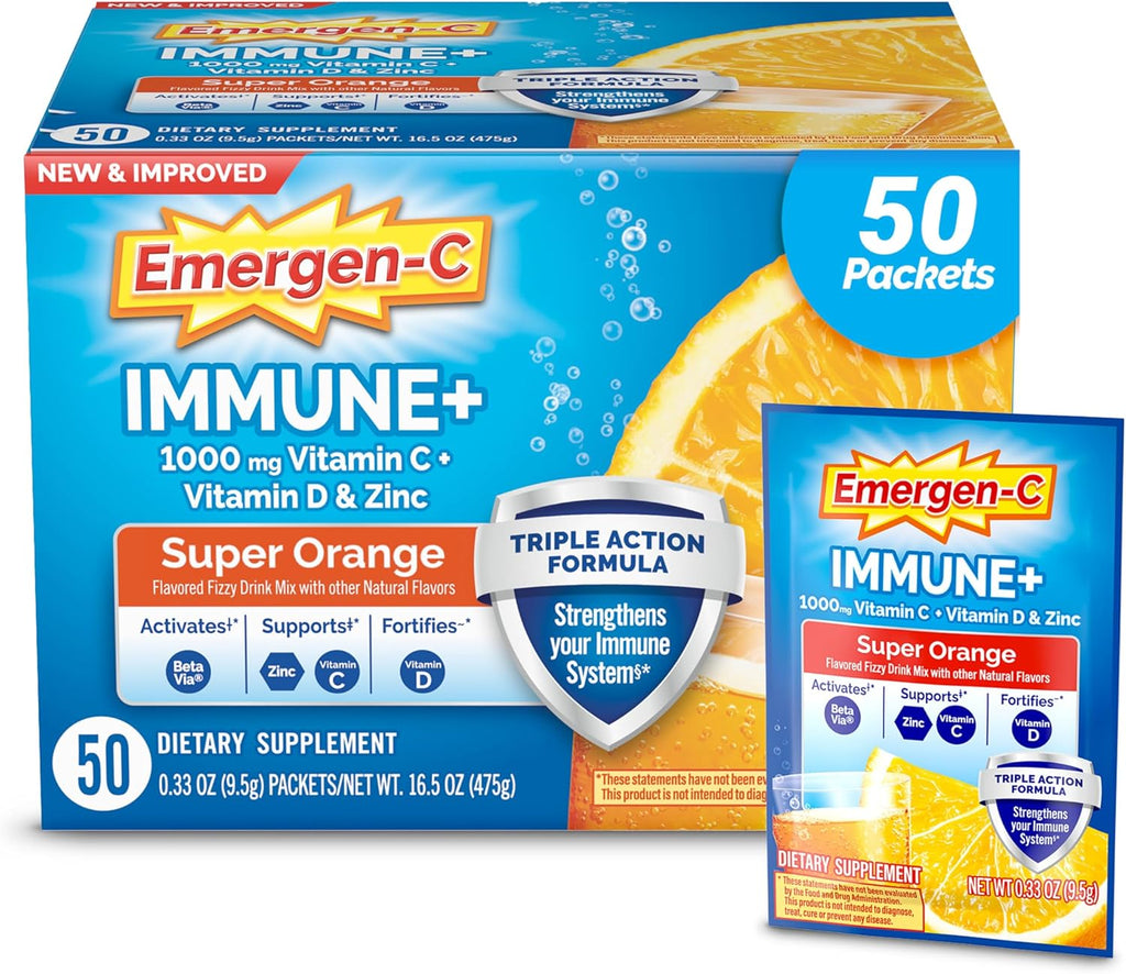 Emergen-C Immune+ Triple Action - Polvo para Soporte Inmunitario con BetaVia, Vitamina C, Vitaminas B, Vitamina D y Antioxidantes, Sabor Naranja - 50 Sobres