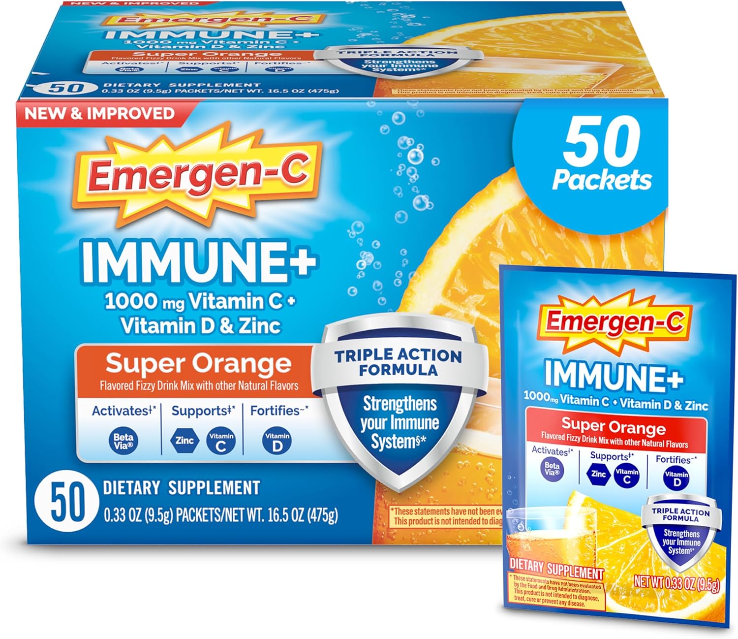 Emergen-C Immune+ Triple Action - Polvo para Soporte Inmunitario con BetaVia, Vitamina C, Vitaminas B, Vitamina D y Antioxidantes, Sabor Naranja - 50 Sobres