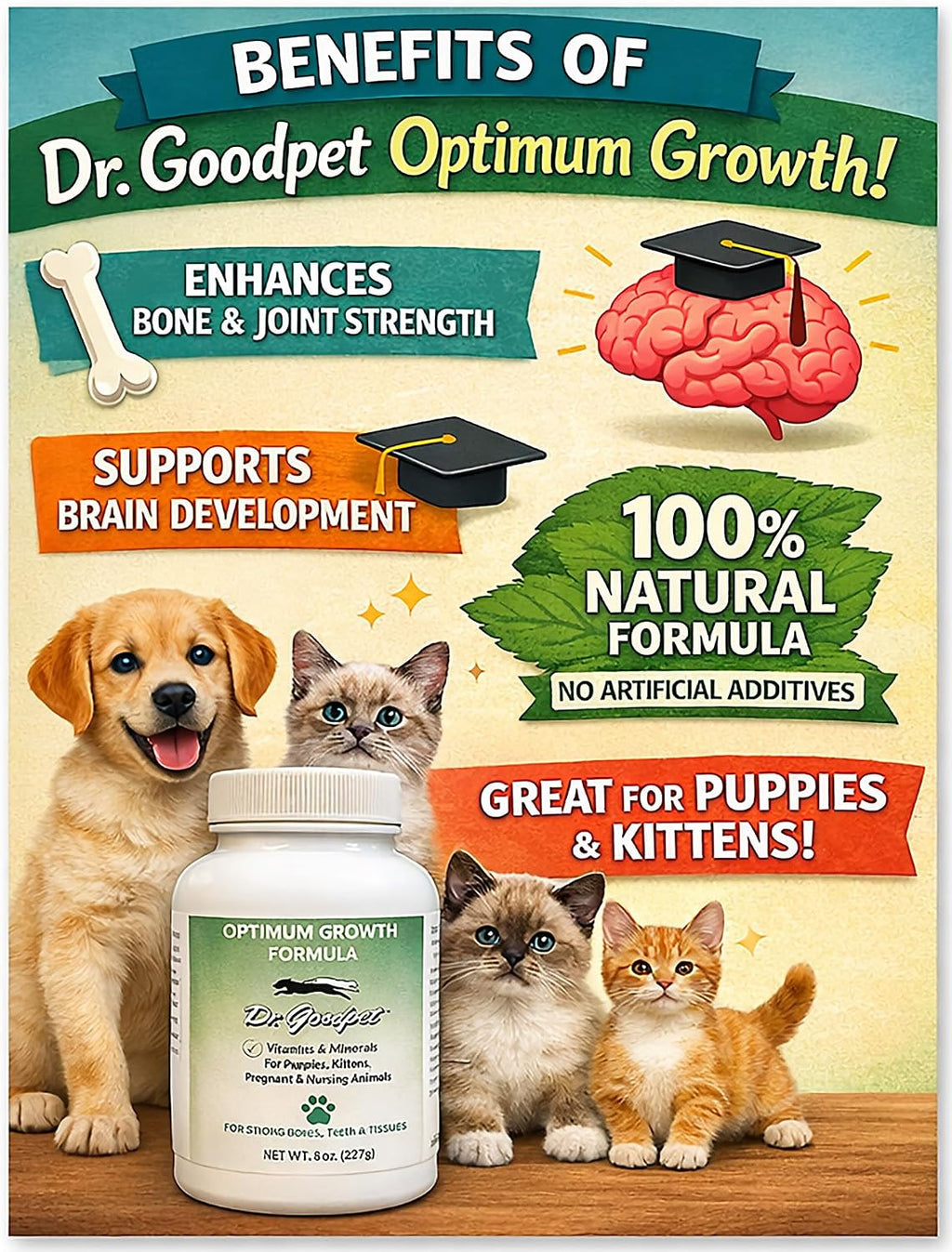 Dr. Goodpet Optimum Growth Formula – Suplemento en polvo para cachorros y gatitos