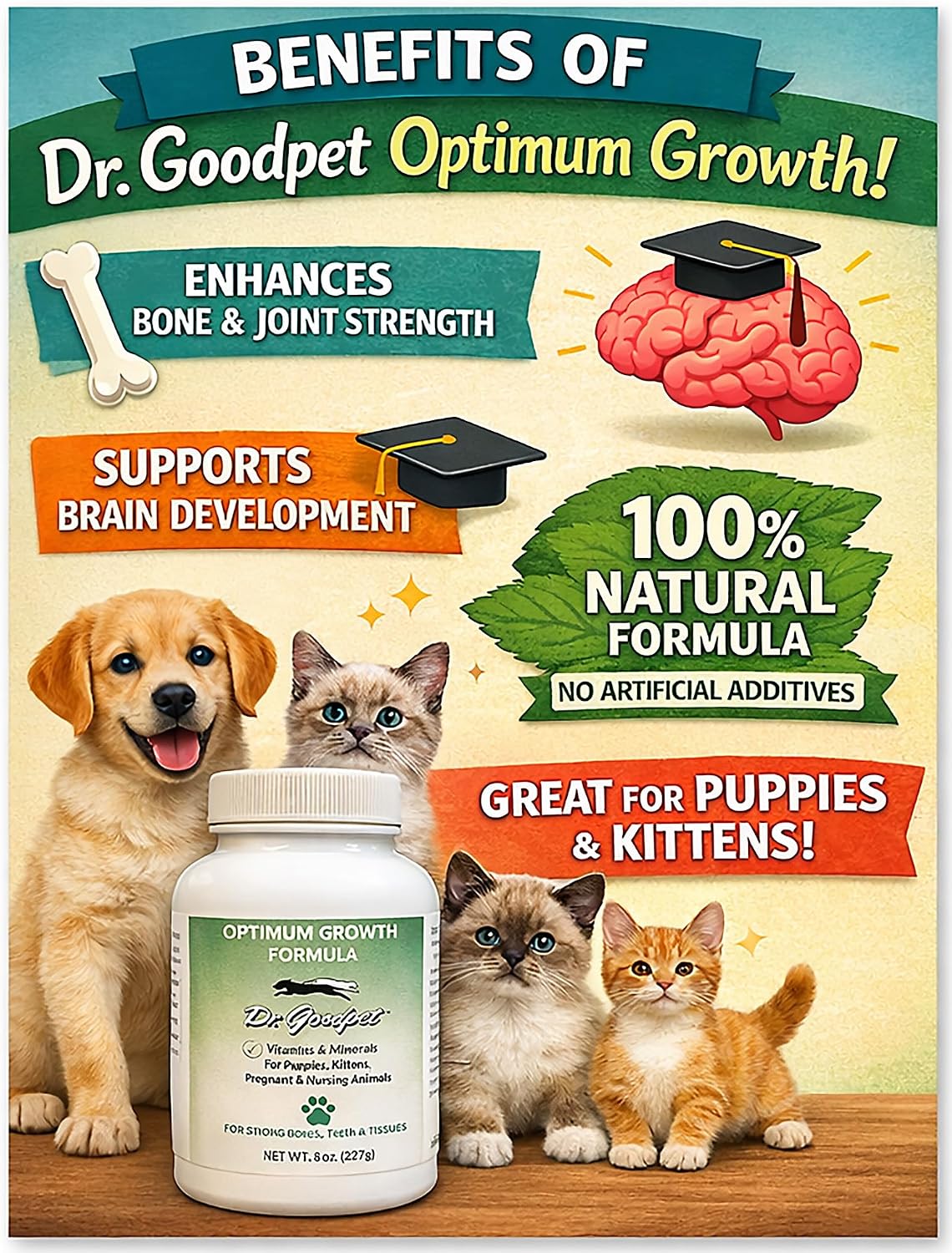 Dr. Goodpet Optimum Growth Formula – Suplemento en polvo para cachorros y gatitos