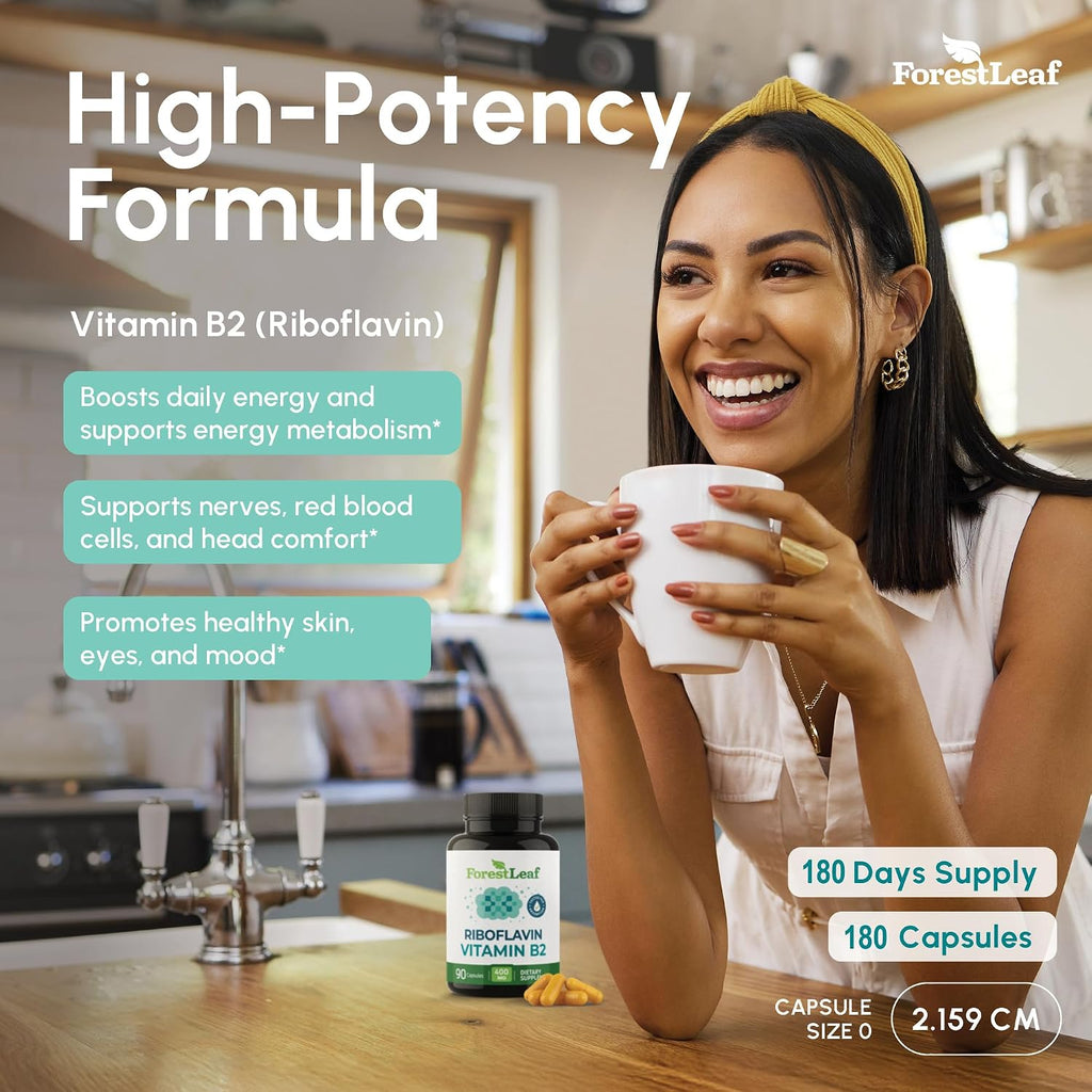 ForestLeaf Vitamina B2 (Riboflavina) 400 mg - 180 Cápsulas Vegetales - Apoyo Energético y Salud de la Piel