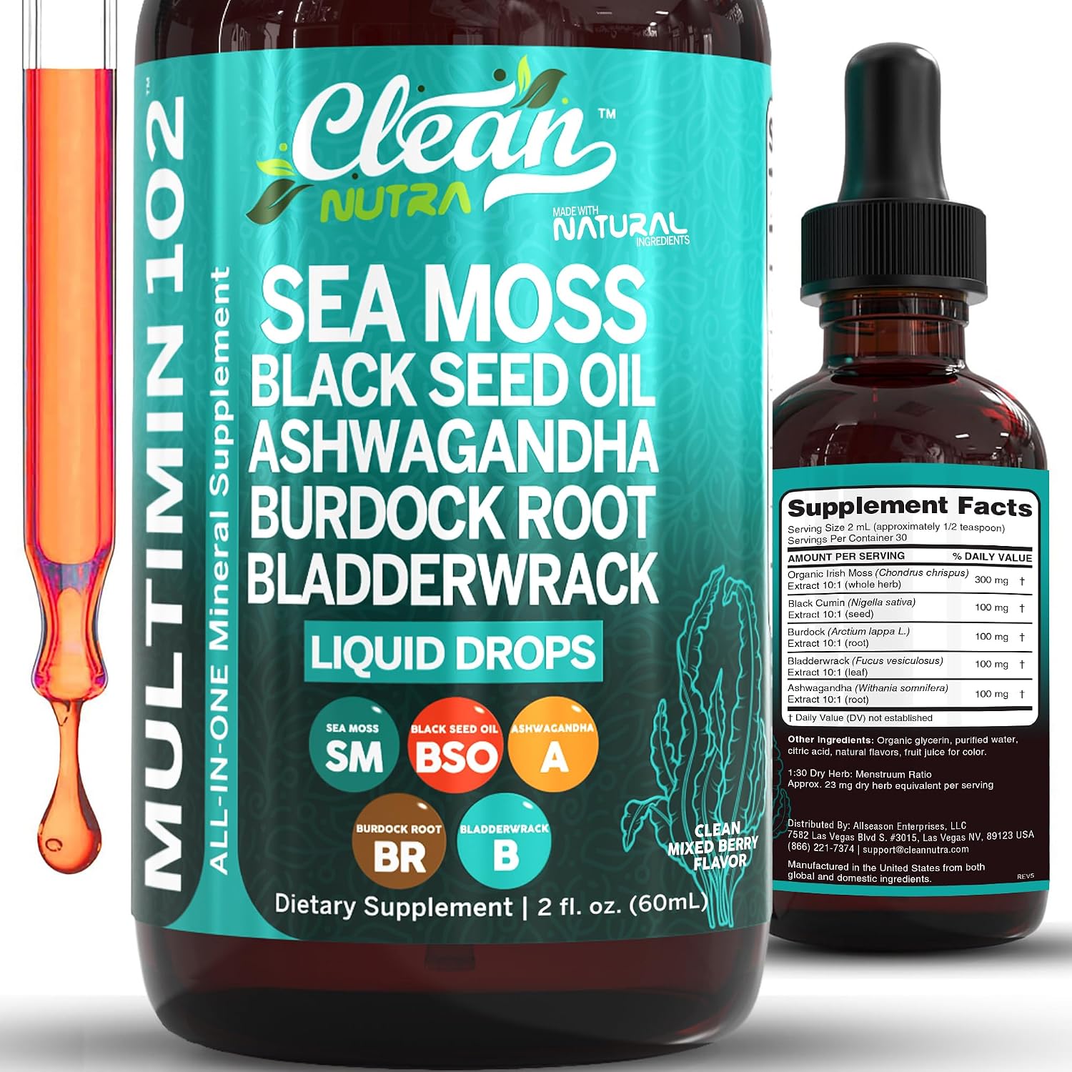 Clean Nutra Organic Sea Moss Drops - Multimineral Líquido con Ashwagandha y Aceite de Nigella