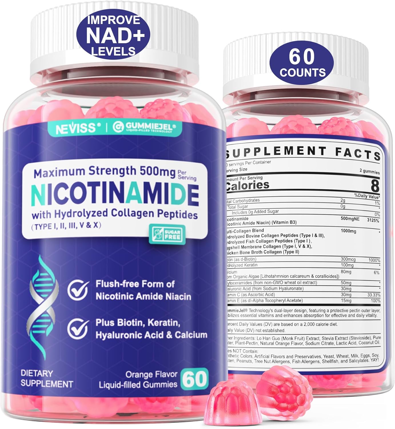 NEVISS Nicotinamide 500mg Gummies - Suplemento de Vitamina B3 con Colágeno