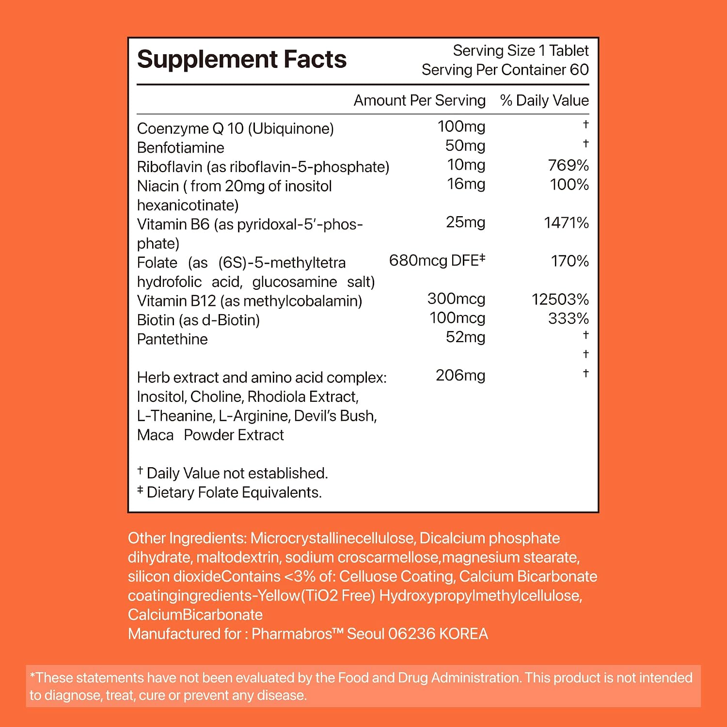 YDY All Active BQ10 - CoQ10 100mg, Complejo de Vitaminas B (B1, B2, B3, B6, B7, B9, B12, Pantetina) - Apoyo para la Salud Cardíaca, Energía Celular - 60 Comprimidos