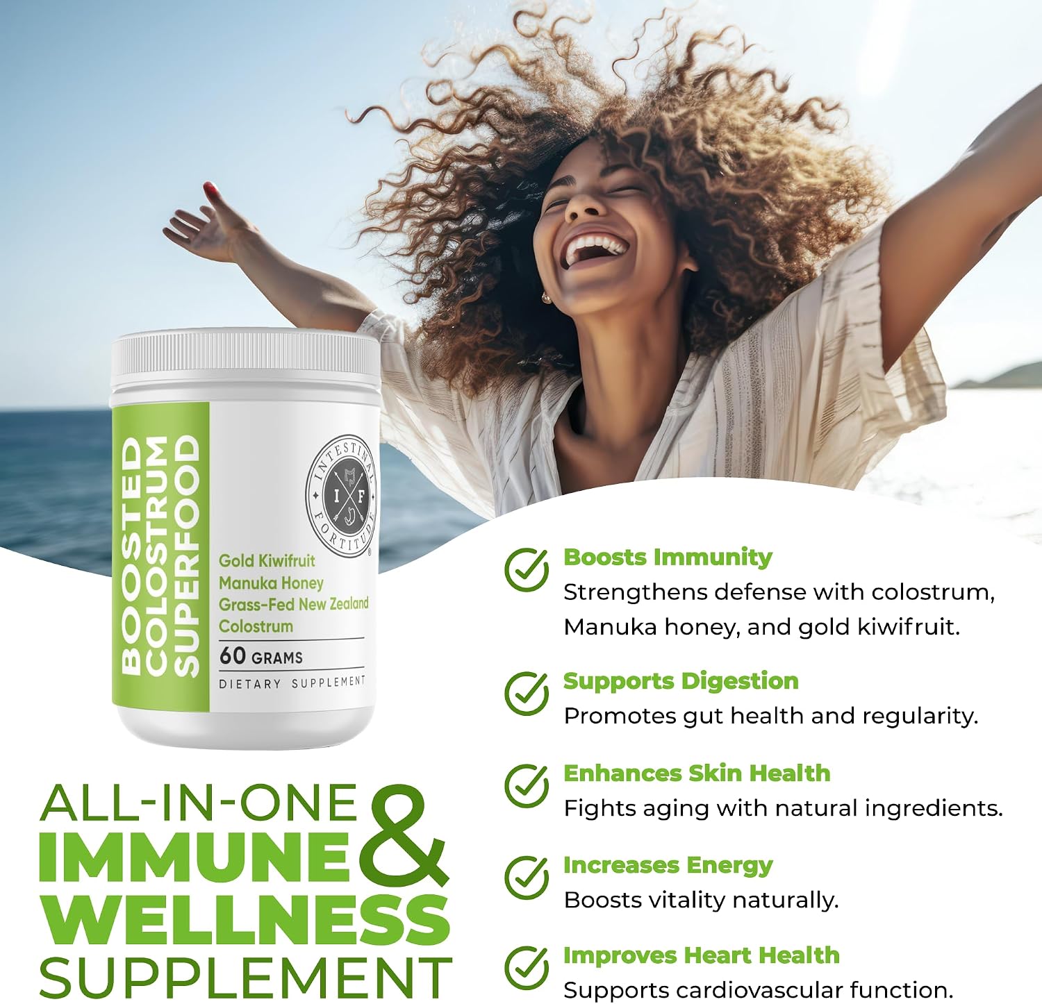 Intestinal Fortitude Boosted Colostrum Superfood: Colostrum Bovino, Kiwi Dorado y Miel de Manuka (150 g)