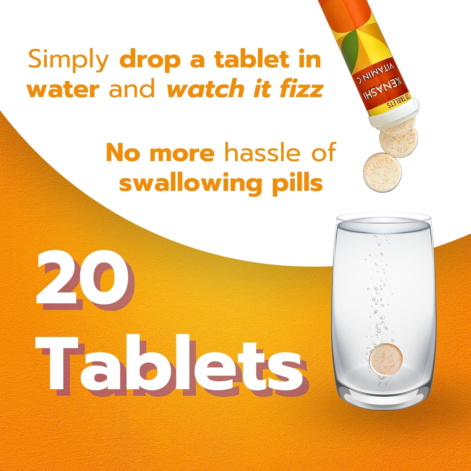 Kenashi Vitamina C 1000mg Efervescente con Zinc, Potasio, Magnesio y Vitamina E - 20 Comprimidos