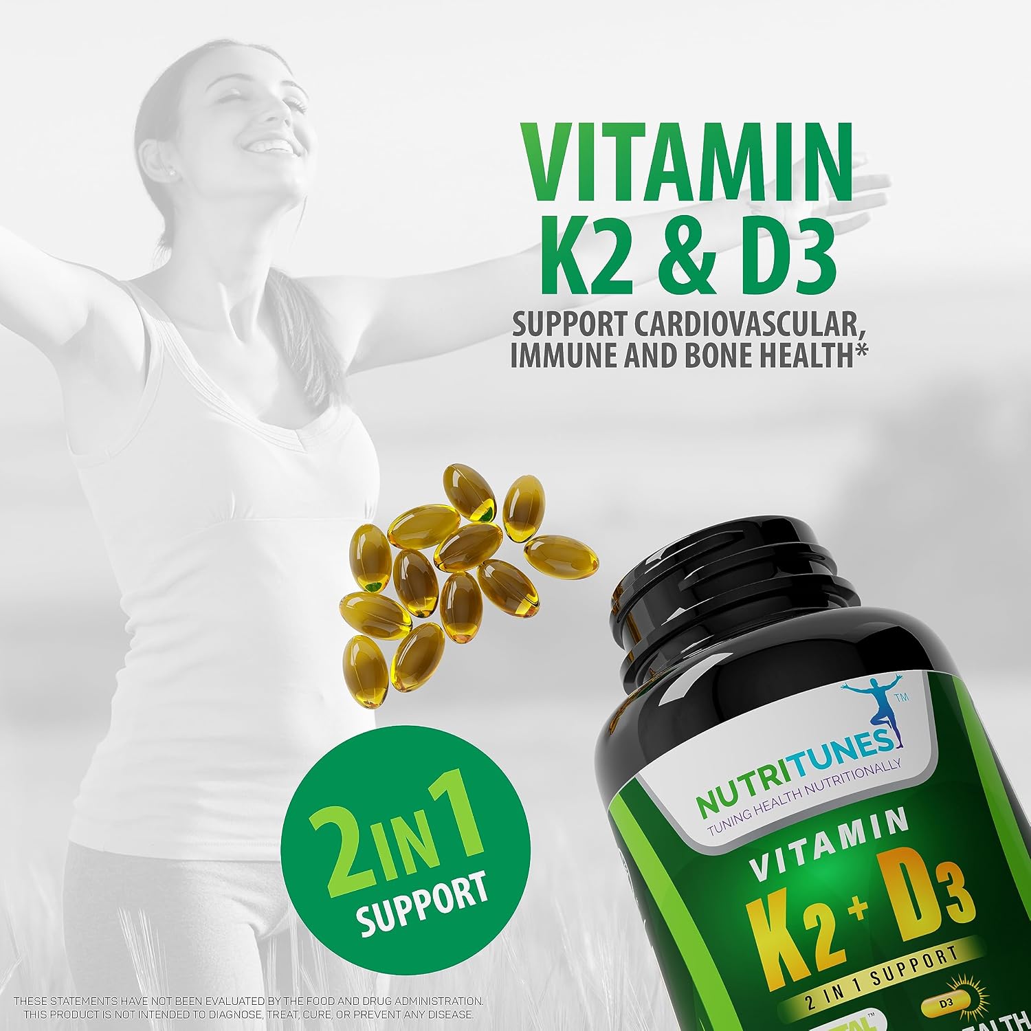Nutritunes D3 K2 5000 UI + 100 mcg MK-7 120 Cápsulas