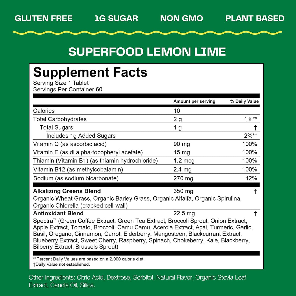 Amazing Grass Fizzy Green Tablets Superfood, Sabor Limón Lima, 30 Comprimidos (3 Tubos de 10)