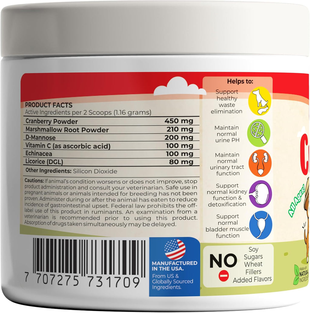 Complemento de Arándano para Perros con D-Manosa, Raíz de Malvavisco y Vitamina C – Apoyo Urinario y pH Normal – 173 Dosis