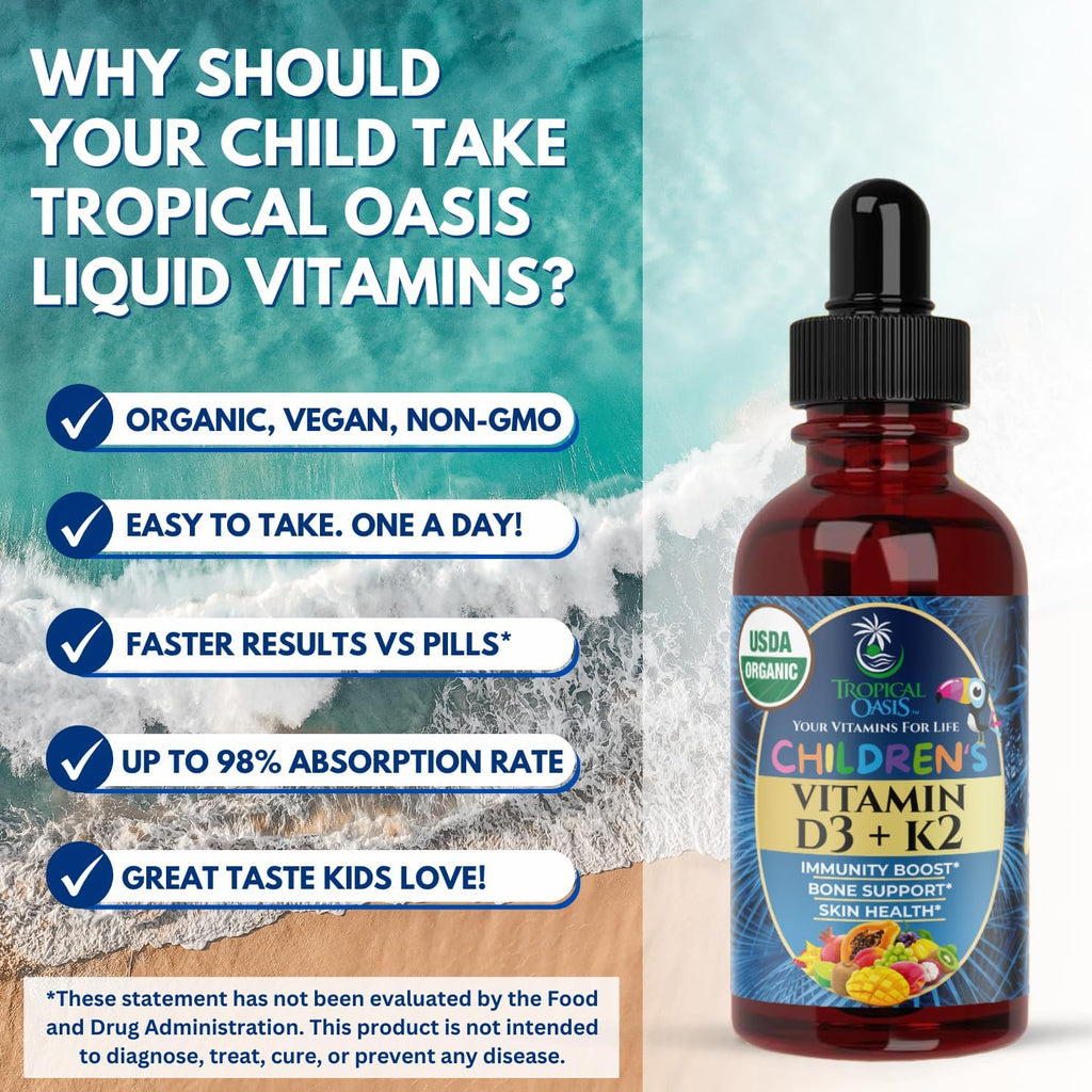 Tropical Oasis Gotas Líquidas Orgánicas de Vitamina D3 y K2 para Niños y Bebés de 1+ Años | Suplemento Vegano sin OMG | 59 ml (2 Fl Oz)