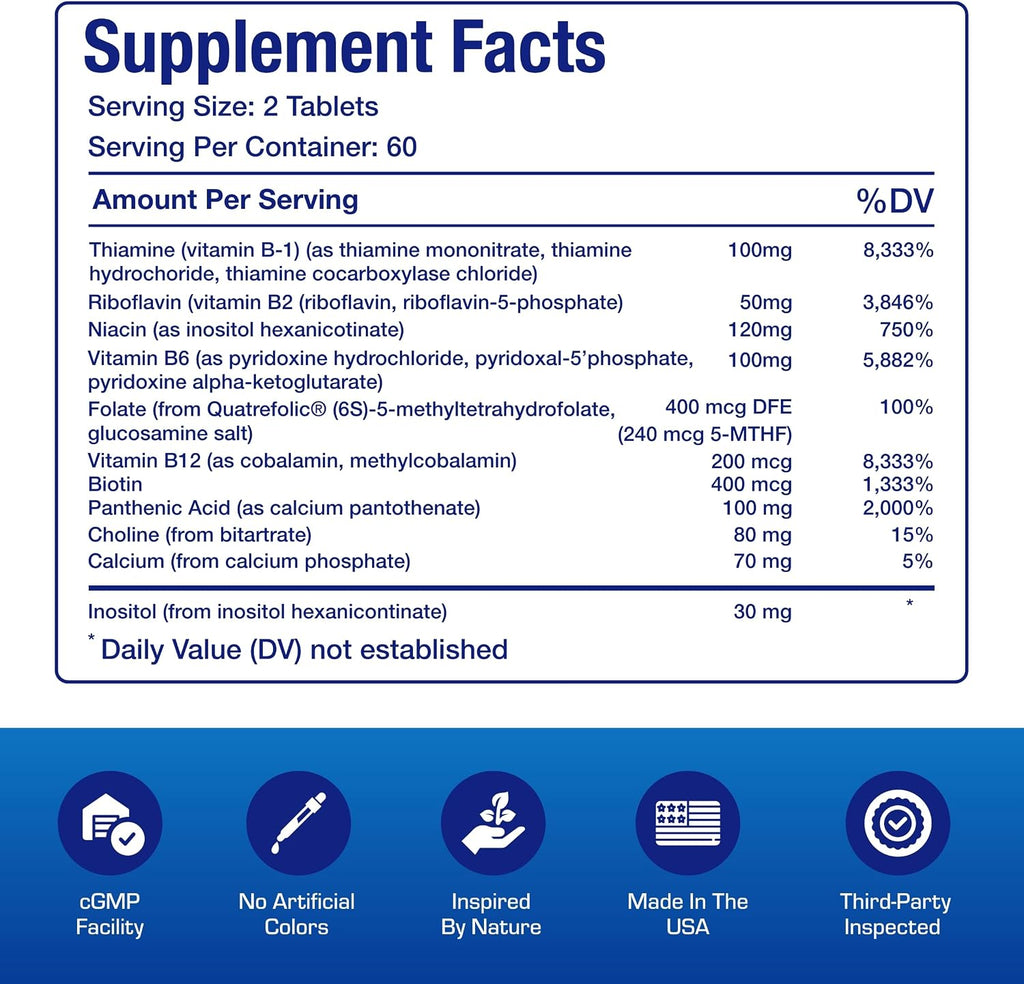 Methylated and Sustained Release Super B Complex - Bioactive B Vitamins with Choline and Inositol