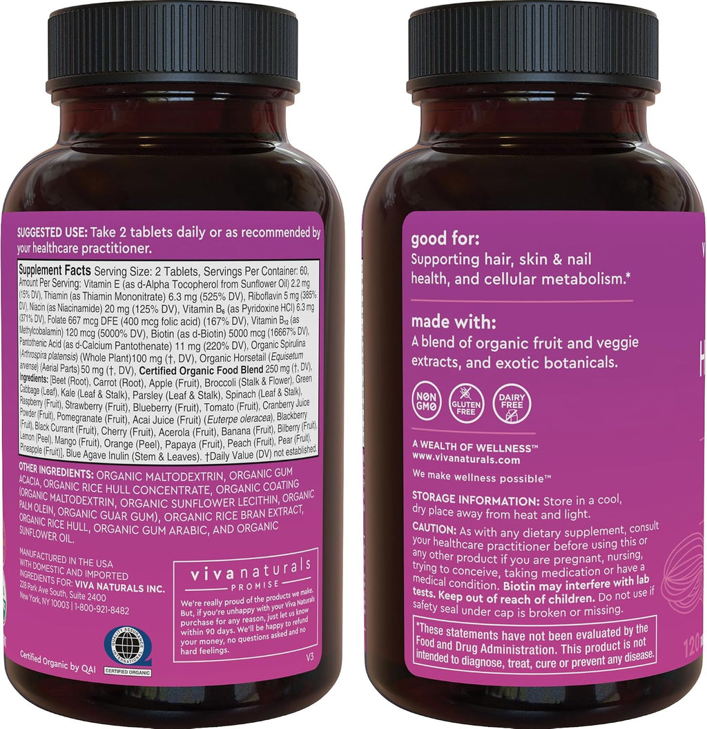 Viva Naturals Biotina 5000 mcg para Cabello, Piel y Uñas – Suplemento Orgánico y Vegetariano – 120 Comprimidos