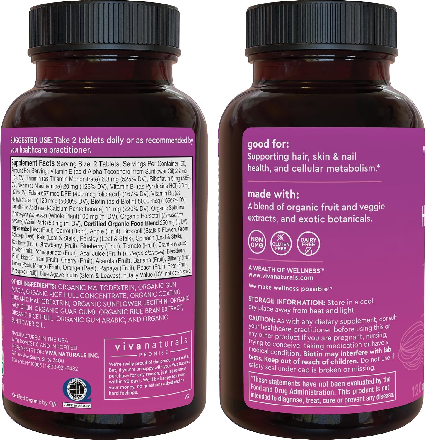 Viva Naturals Biotina 5000 mcg para Cabello, Piel y Uñas – Suplemento Orgánico y Vegetariano – 120 Comprimidos