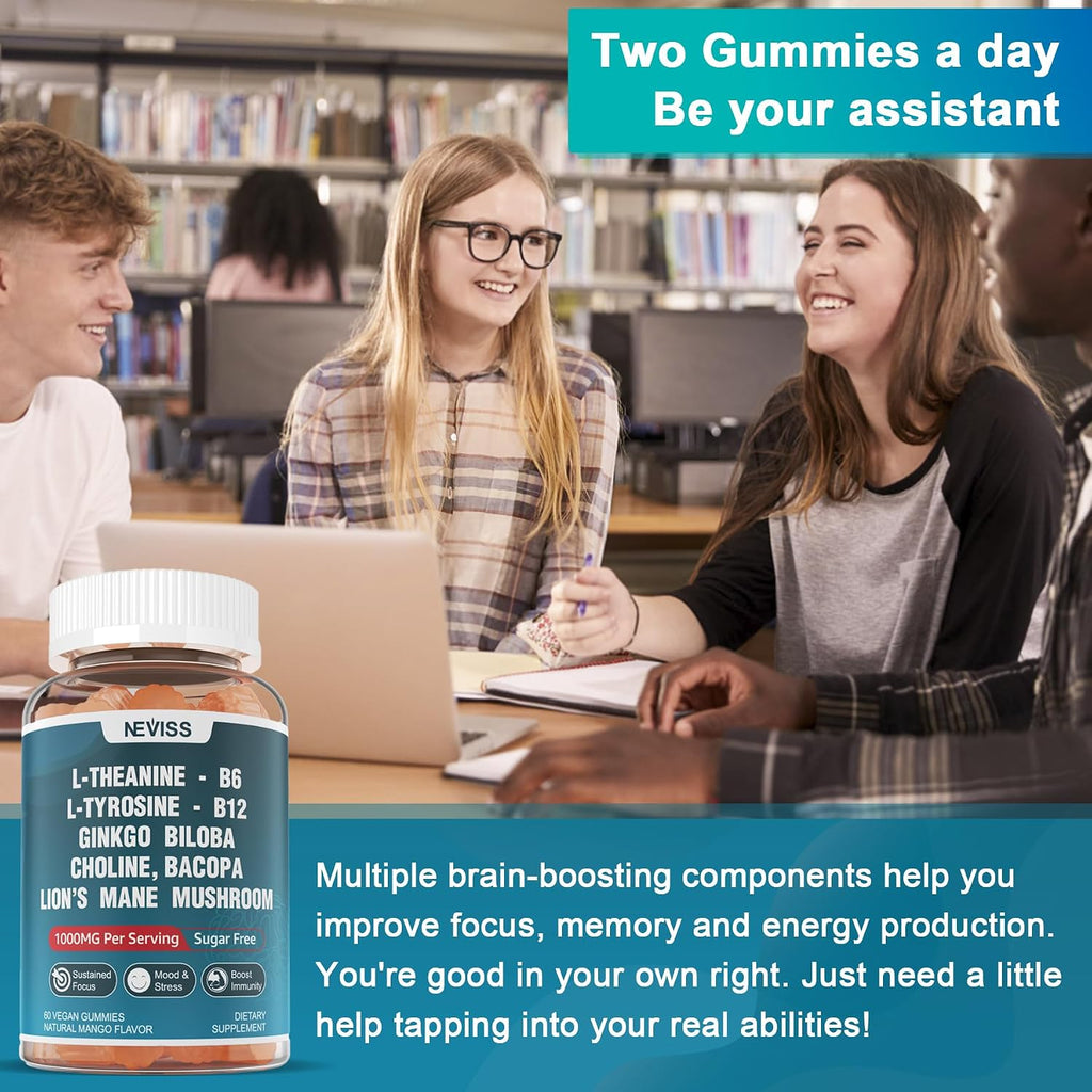 NEVISS Gominolas Brain Focus Sin Azúcar - L-Tirosina 300mg, L-Teanina 200mg, Vitamina B6 100mg, B12 500mcg, Ginkgo Biloba, Rhodiola Rosea, Lion's Mane - 1 Pack