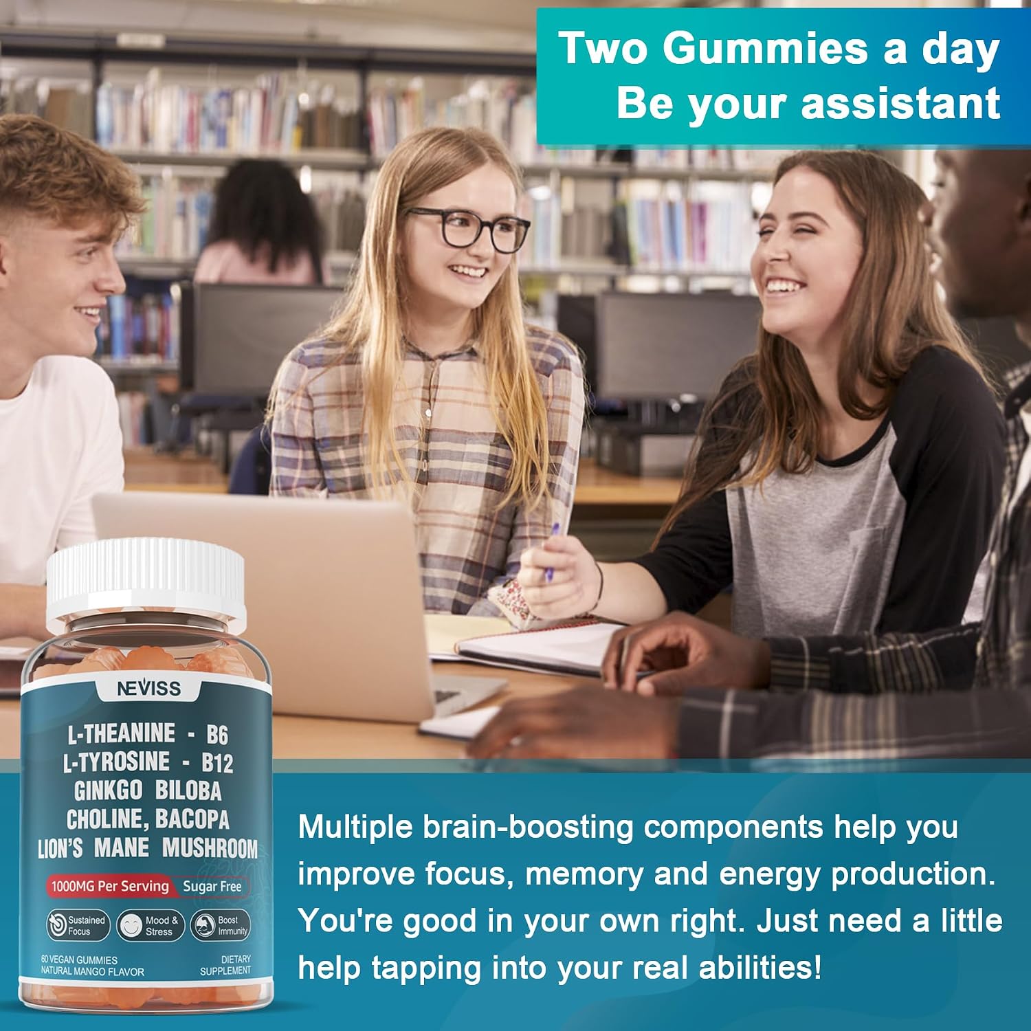 NEVISS Gominolas Brain Focus Sin Azúcar - L-Tirosina 300mg, L-Teanina 200mg, Vitamina B6 100mg, B12 500mcg, Ginkgo Biloba, Rhodiola Rosea, Lion's Mane - 1 Pack