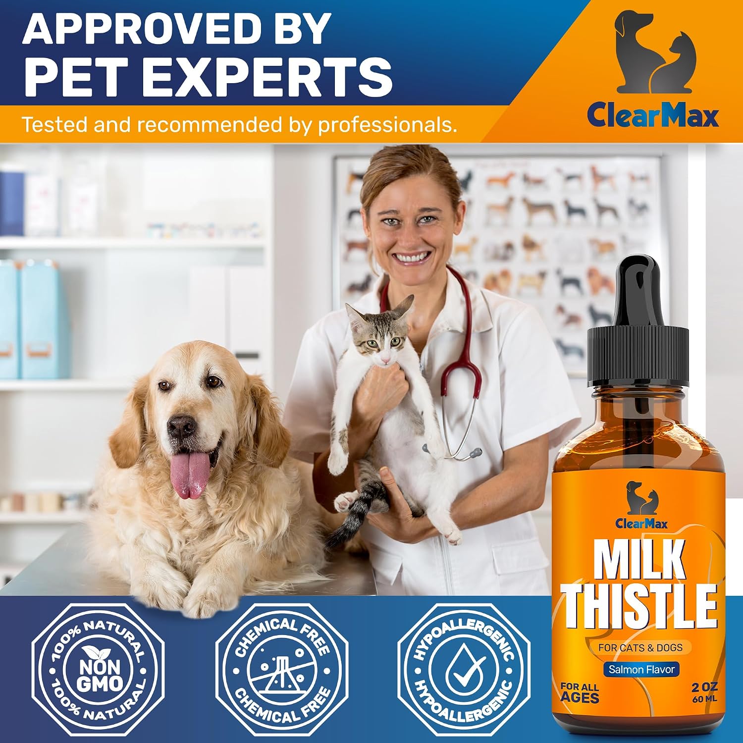 Milk Thistle for Dogs – Liver & Kidney Support for Large & Small Pets – Milk Thistle for Cats to Care for Digestion – Specialist-Approved Liquid Formula with Salmon Flavor – GMO Free – 2 Oz Bottle
