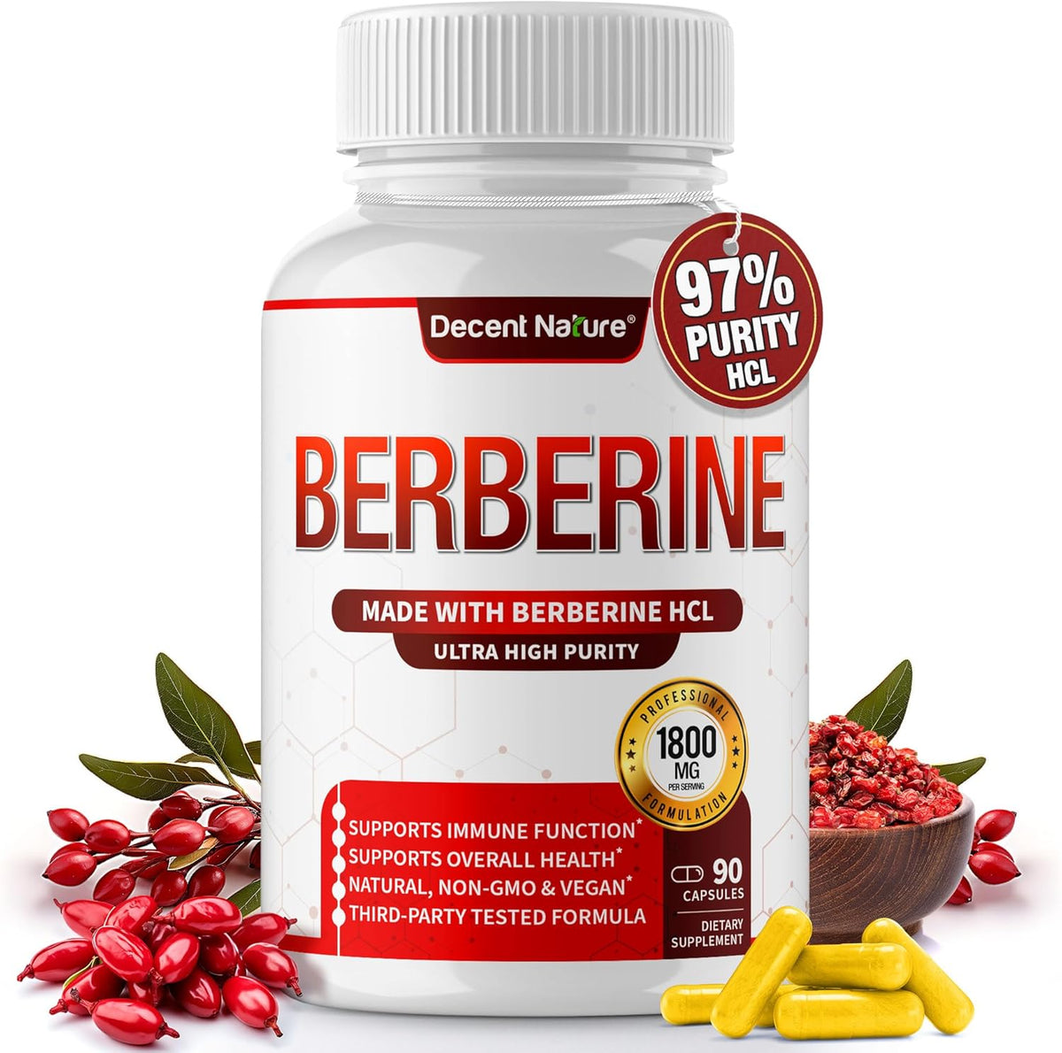 Berberine Supplement 1800mg - Premium Berberine HCl 97% High Purity, Supports Immune System, High Potency Hydrochloride & – Image 1