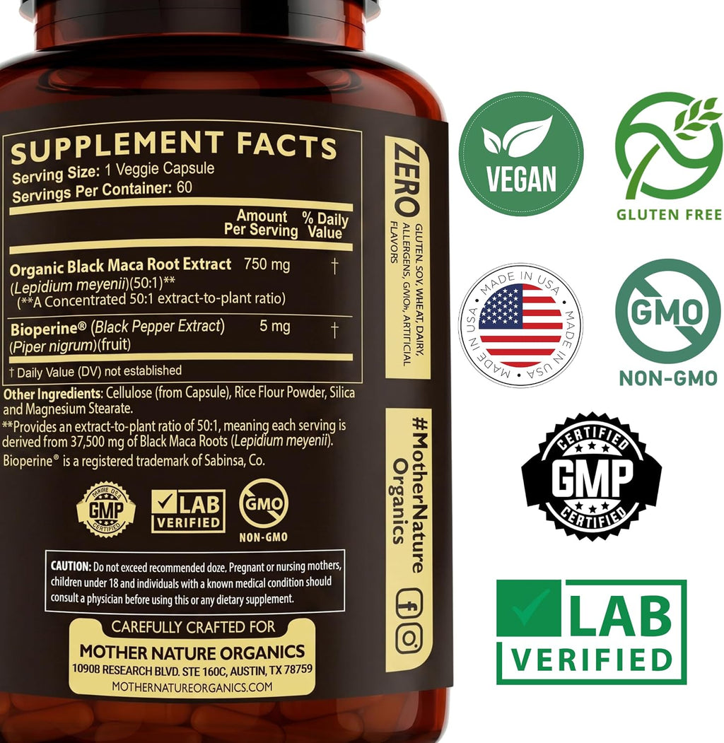 MNO Black Maca Root 50:1 750mg – Maca Negra Peruana Orgánica, 60 Cápsulas Veganas