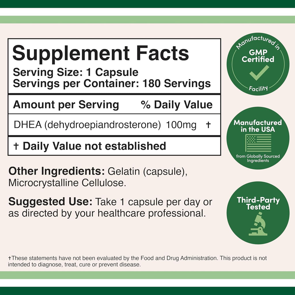 DHEA 100mg | 180 Cápsulas | Suministro para 6 Meses | Probado por Terceros | Equilibrio Hormonal y Envejecimiento Saludable by Double Wood