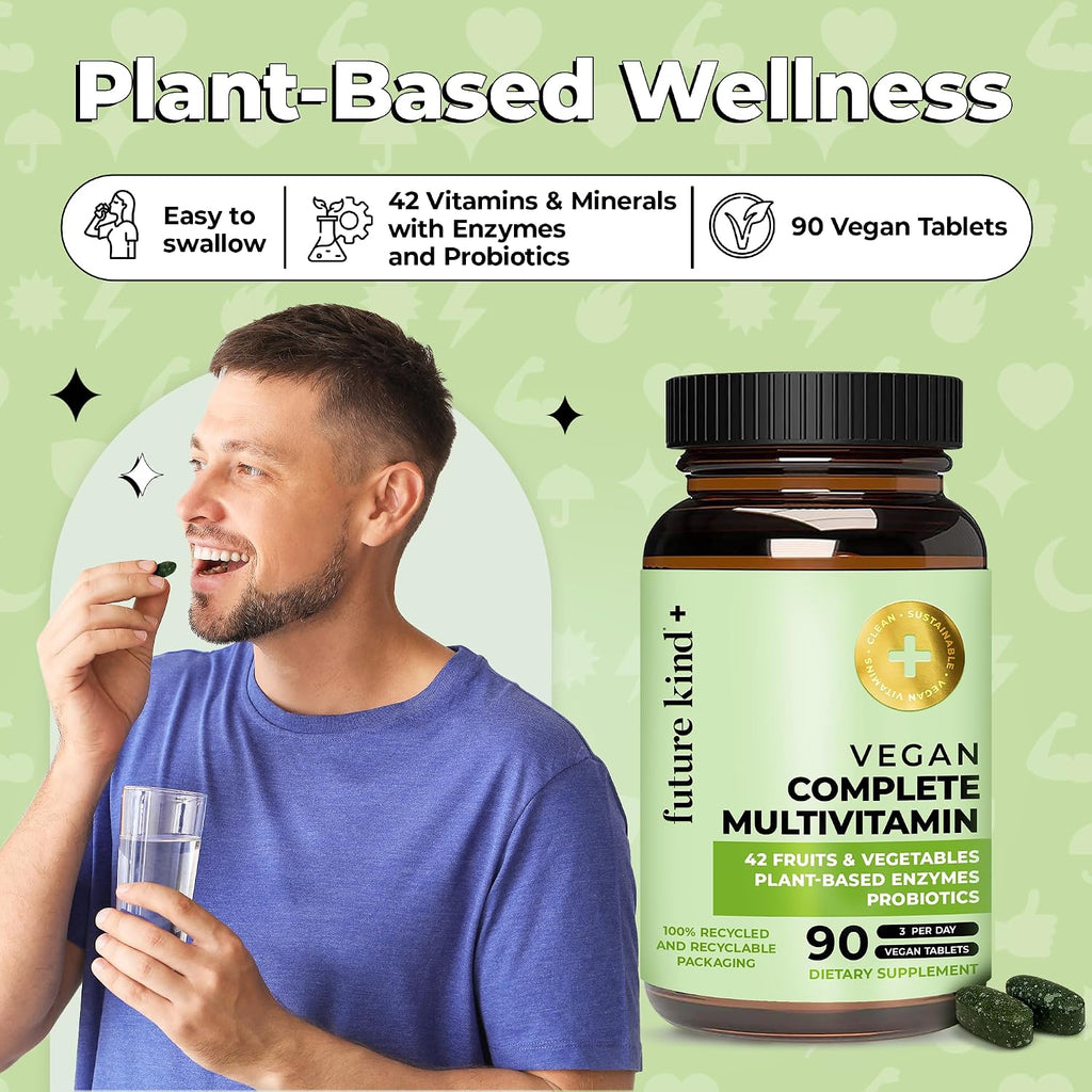 Future Kind Vegan Multivitamins Complete - Multivitamínico Vegano 42-en-1 con B12, Zinc y Probióticos (90 comprimidos)