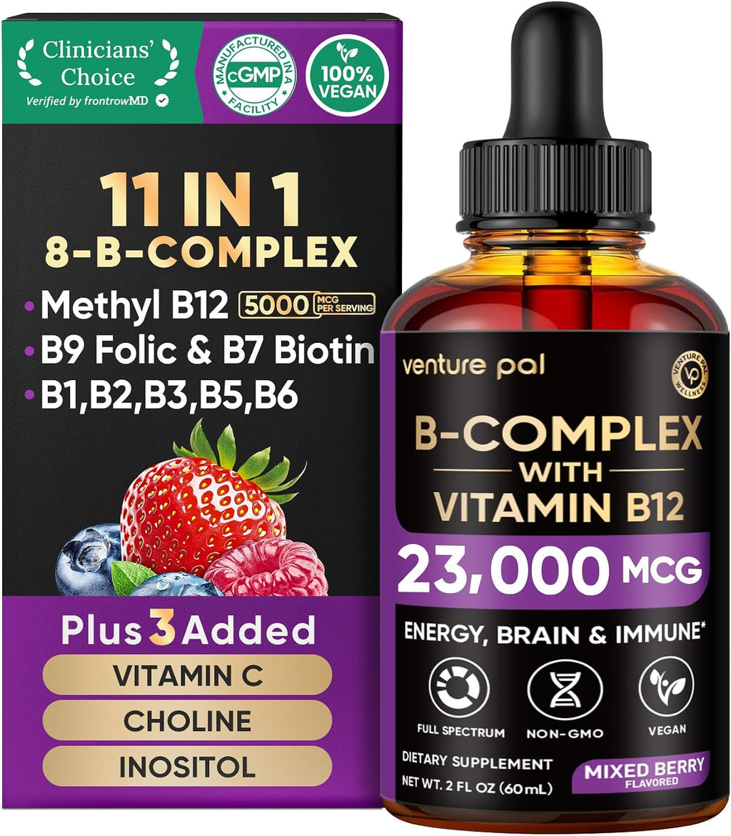 Venture Pal Vitamin B Complex Liquid Drops, B12 Metilcobalamina | B9 Fólico | B1,B2,B3,B5,B6,B7 - Vitamina C, Colina, Inositol, Apoyo Inmunológico y Metabolismo Energético, Cerebro y Corazón