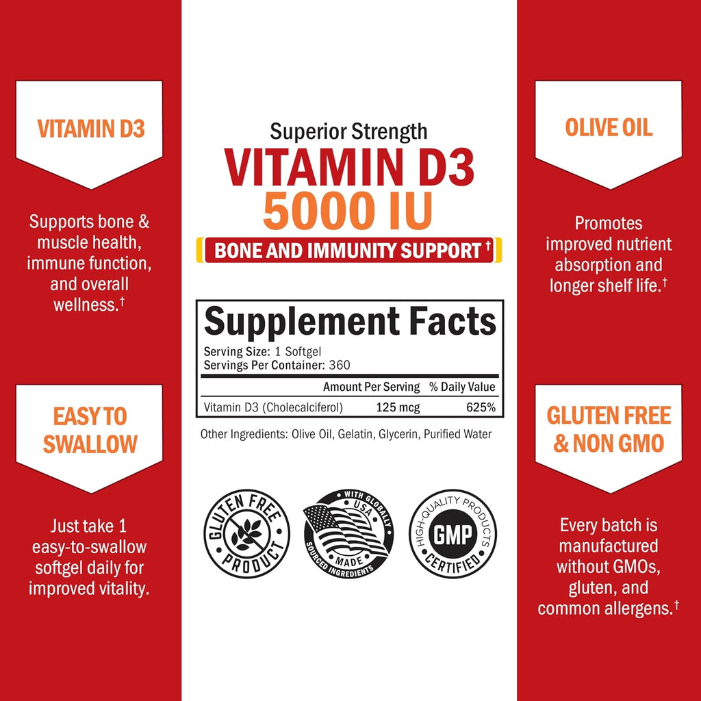 BioSchwartz Vitamina D3 5000 IU - 360 Cápsulas Blandas con Aceite de Oliva