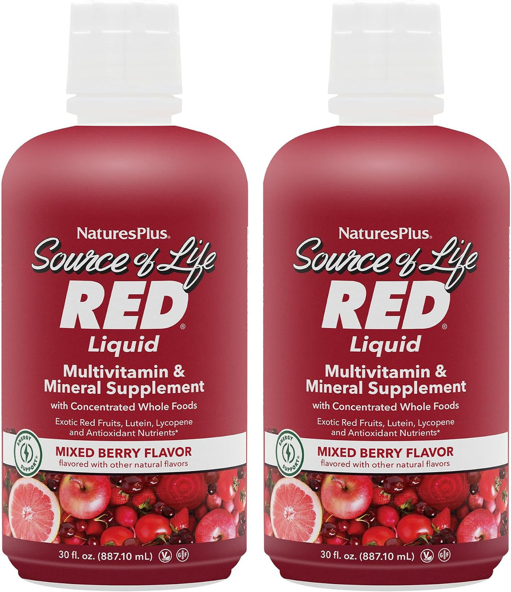 NaturesPlus Source of Life RED Multivitamínico Líquido - 2 botellas de 887 ml (30 oz) - Sabor a bayas mixtas - Con licopeno, luteína y ginseng - Sin gluten