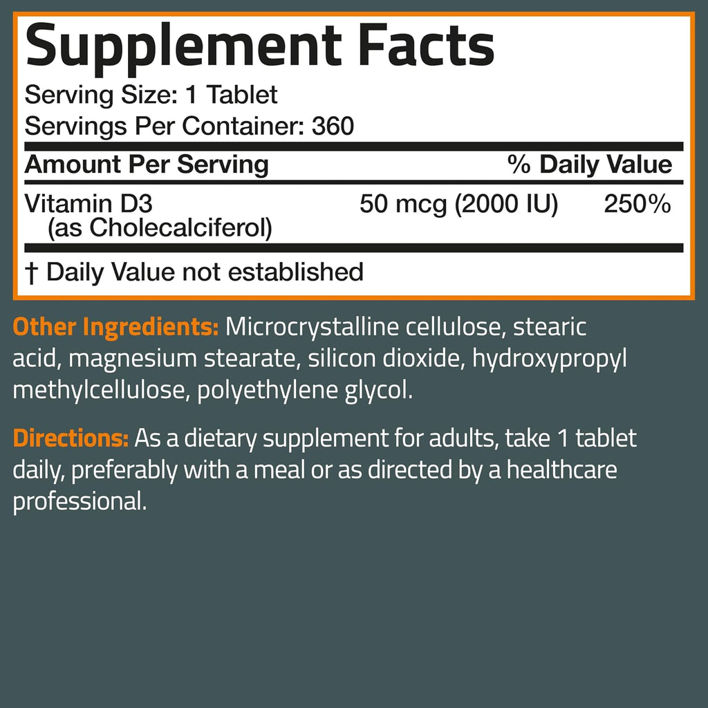 Vitamina D3 2000 IU (50mcg) de Bronson, 360 Comprimidos - No-GMO, Sin Gluten