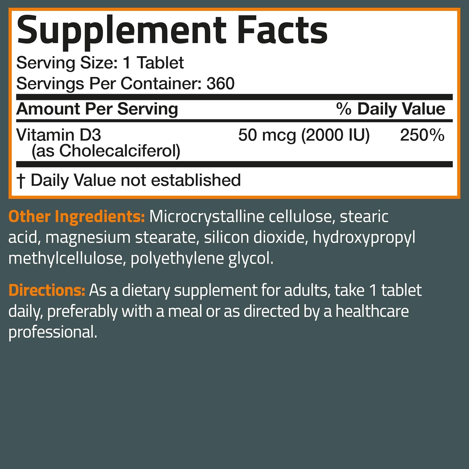 Vitamina D3 2000 IU (50mcg) de Bronson, 360 Comprimidos - No-GMO, Sin Gluten