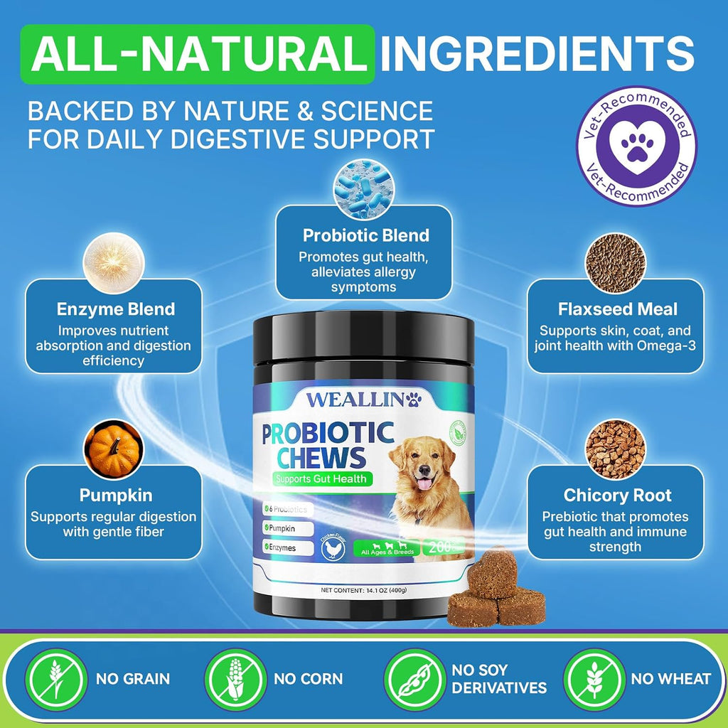 Probióticos para Perros WEALLIN - 200 Masticables para Salud Digestiva y Piel