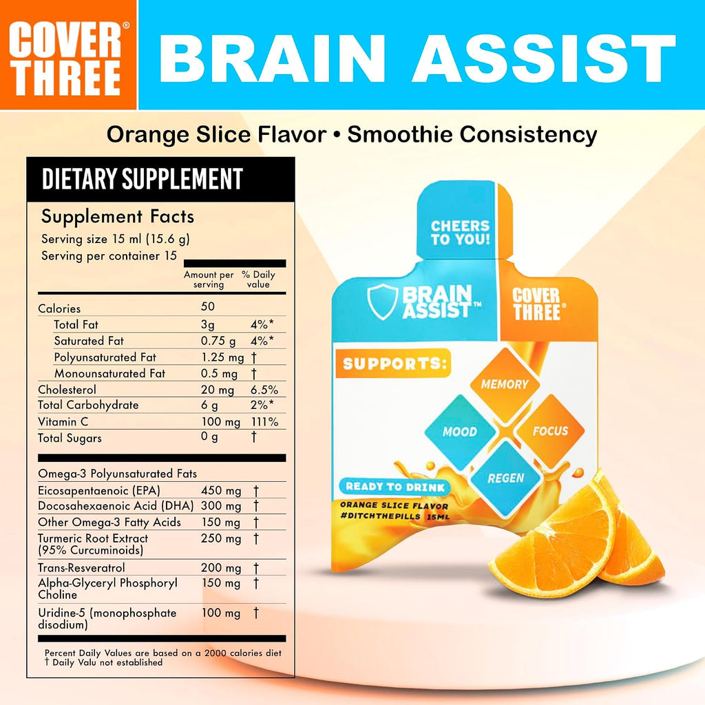 Brain Assist - Suplemento para el cerebro con curcumina, uridina y omega-3, sabor naranja