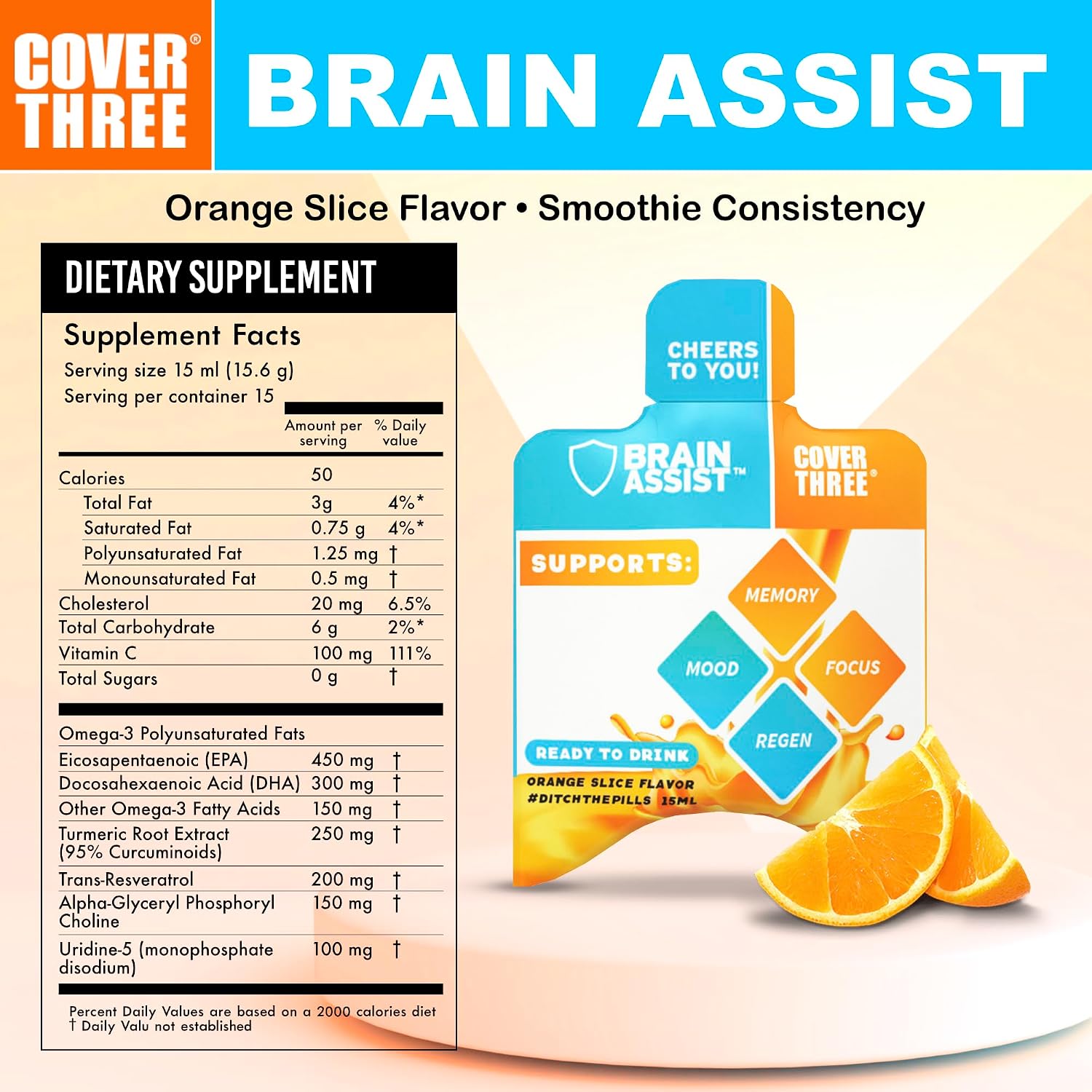 Brain Assist - Suplemento para el cerebro con curcumina, uridina y omega-3, sabor naranja
