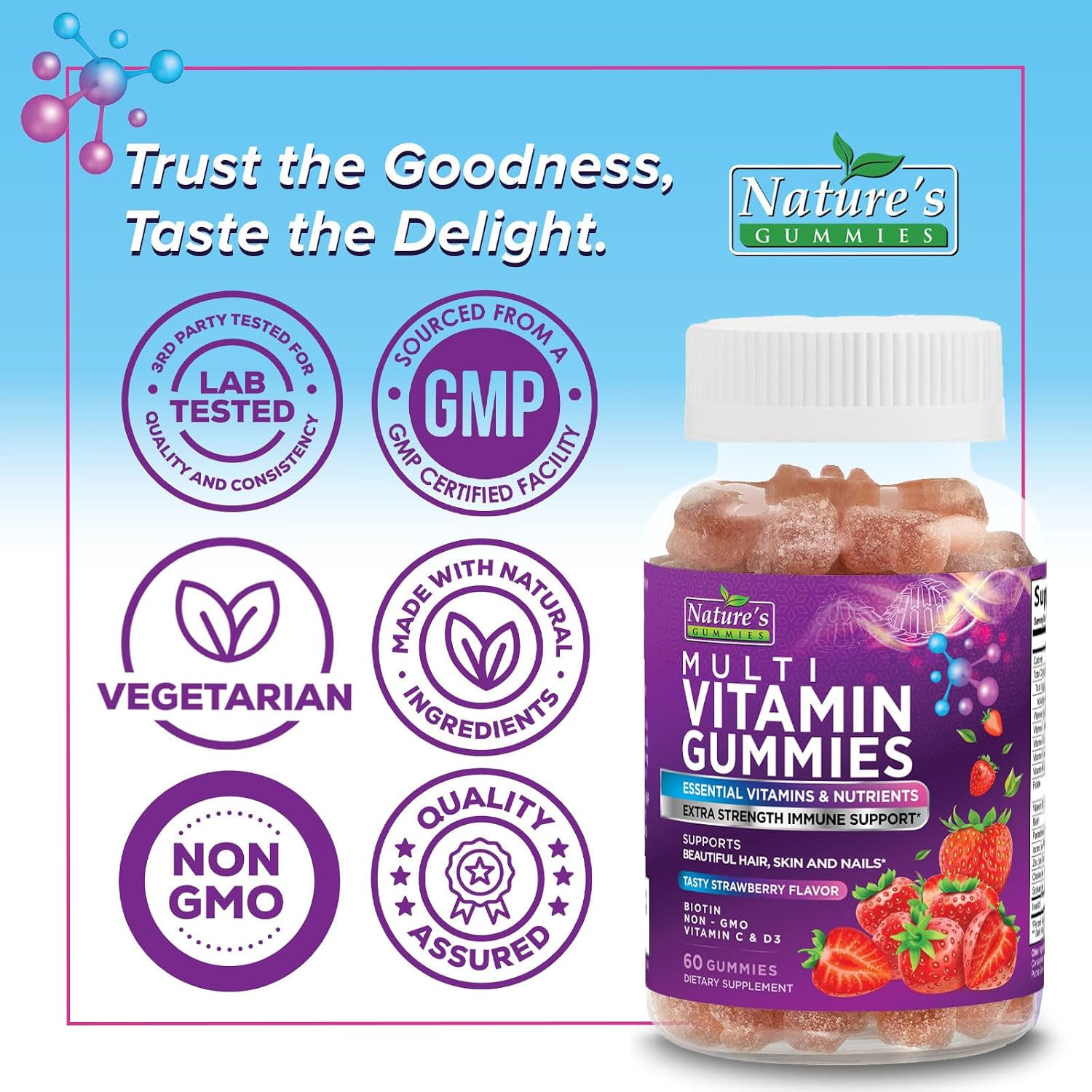 Multivitamin Gummies para Adultos - Multivitamínico Completo en Gominolas para Mujeres y Hombres - Vitaminas A, C, D, E, B12 y Zinc - 60 Gominolas Vegetarianas