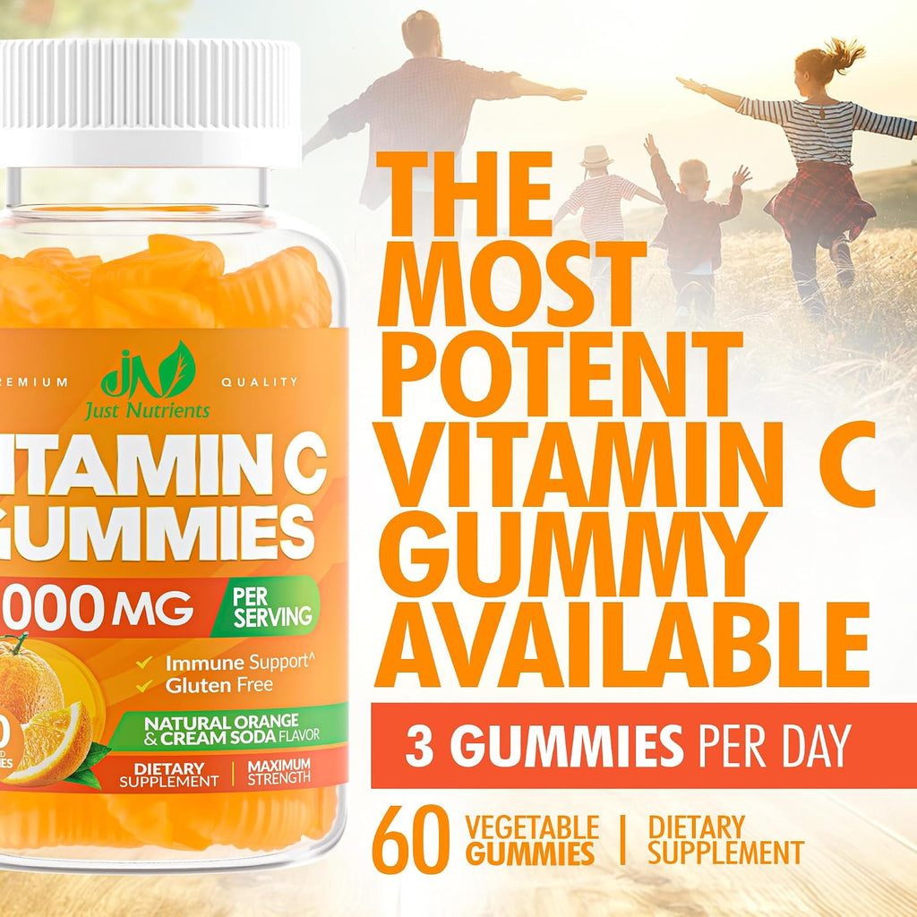 Vitamin C Gummies 1000mg – Multivitamínico masticable para adultos y niños con Zinc – Sabor naranja natural – Sin gluten, sin OGM, vegetariano – 60 gominolas