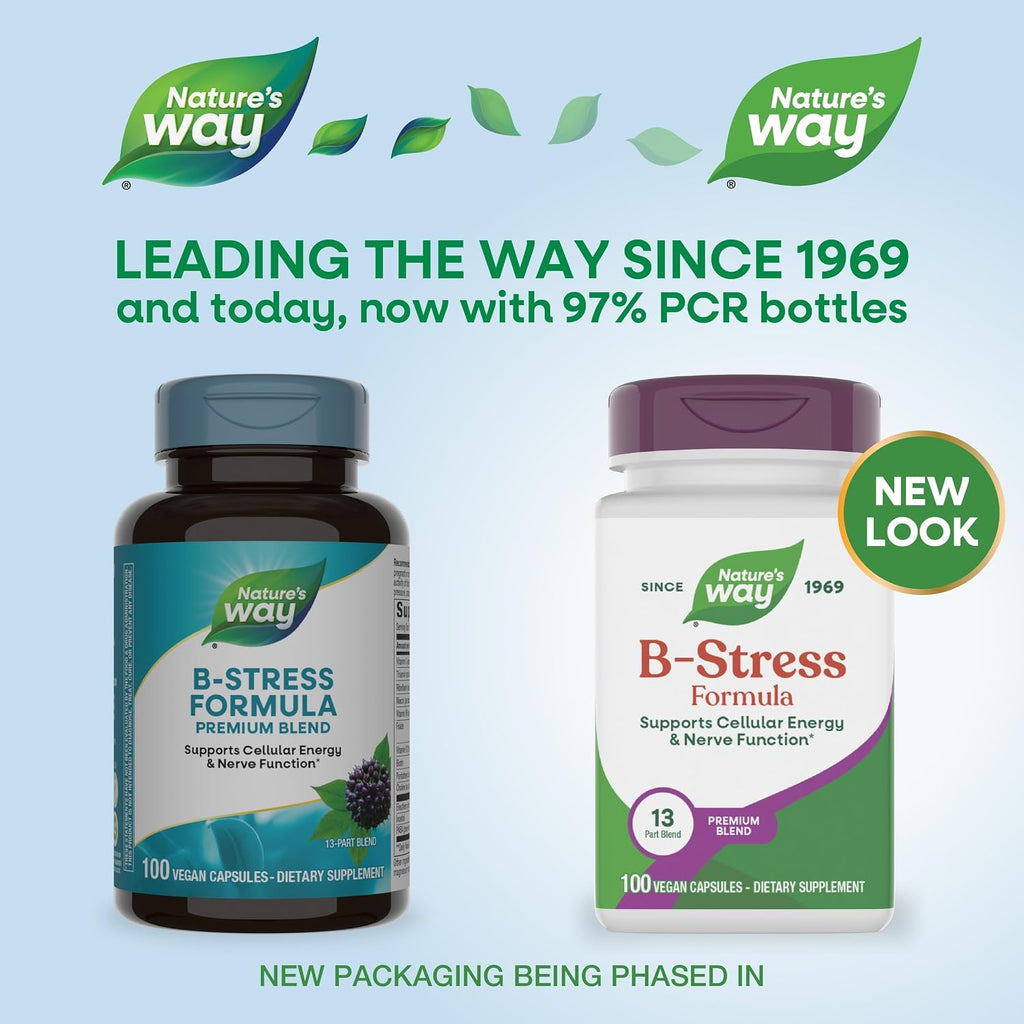 Nature's Way B-Stress Formula - Complejo de Vitaminas B con Vitamina C, B12, B6 y más - 100 Cápsulas Veganas