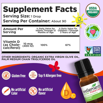 Wellements Gotas Orgánicas de Vitamina D3 para Bebés y Niños Pequeños (90 Días) - 400 IU por Gota – Image 3
