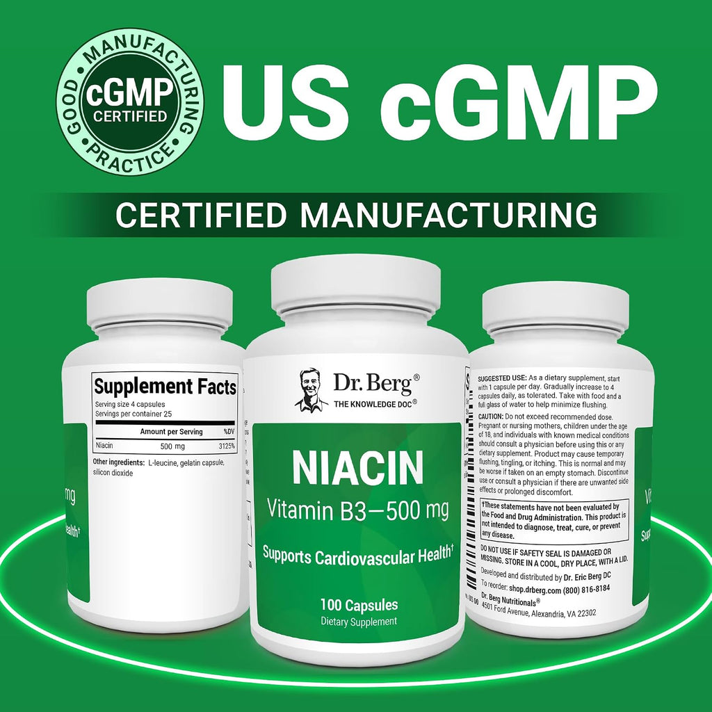 Dr. Berg Niacina de Alta Potencia 500 mg – 125 mg por Cápsula para Construir Tolerancia al Flush – 100 Cápsulas