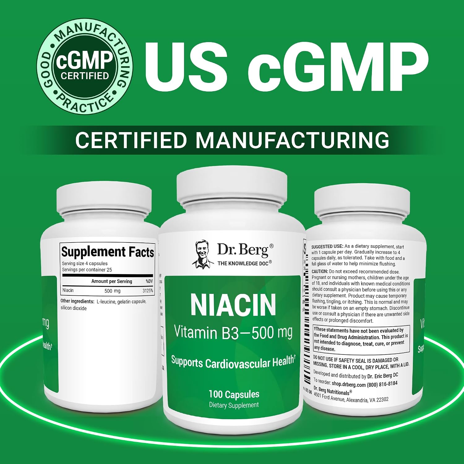 Dr. Berg Niacina de Alta Potencia 500 mg – 125 mg por Cápsula para Construir Tolerancia al Flush – 100 Cápsulas