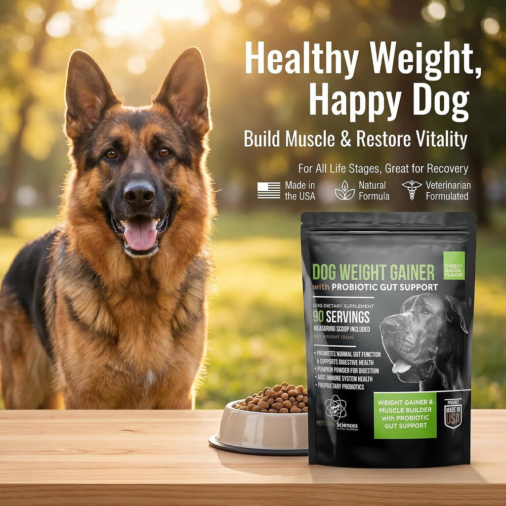 Dog Weight Gainer con Probióticos - Suplemento para Ganar Peso y Músculo en Perros - 90 Dosis - Sabor Queso y Bacon