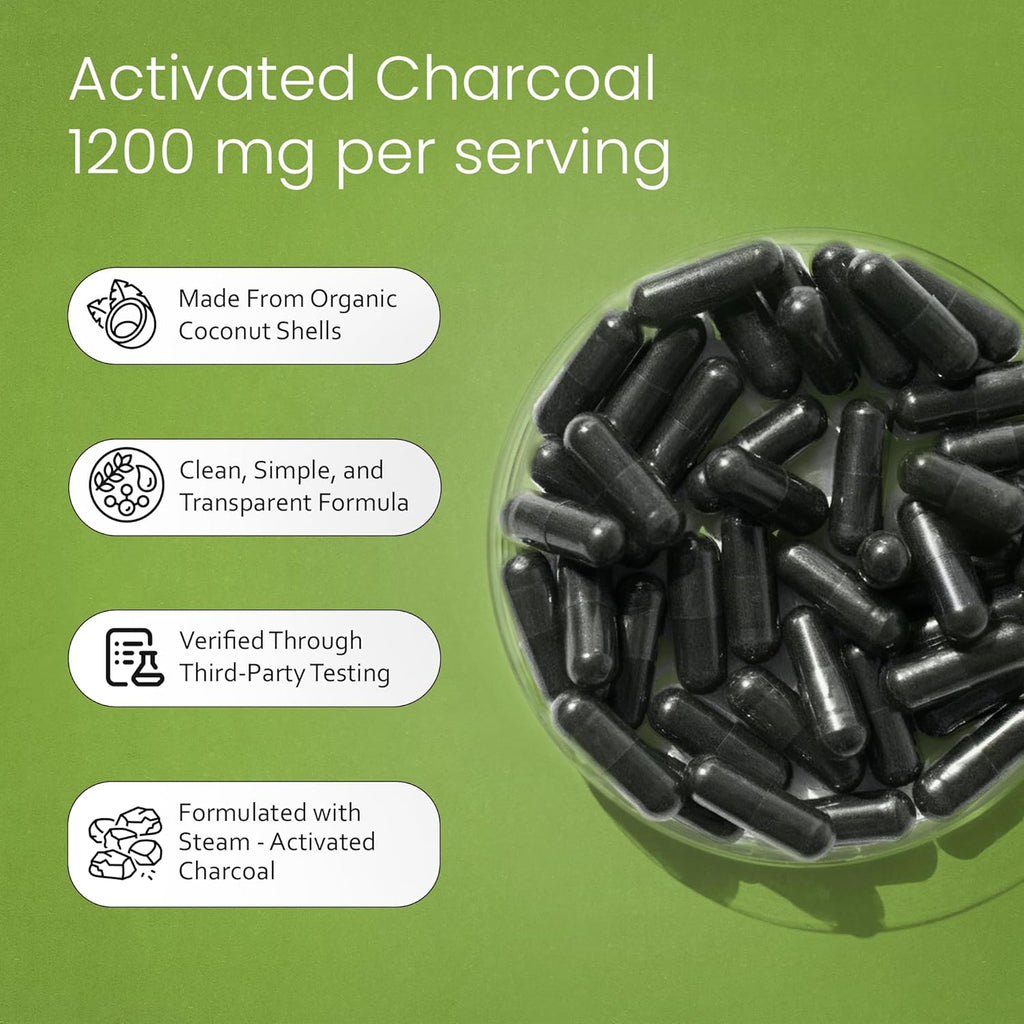 NaturaLife Labs Carbón Activado 1200 mg por dosis - 100 Cápsulas Veganas - No GM, Sin Gluten, Vegano