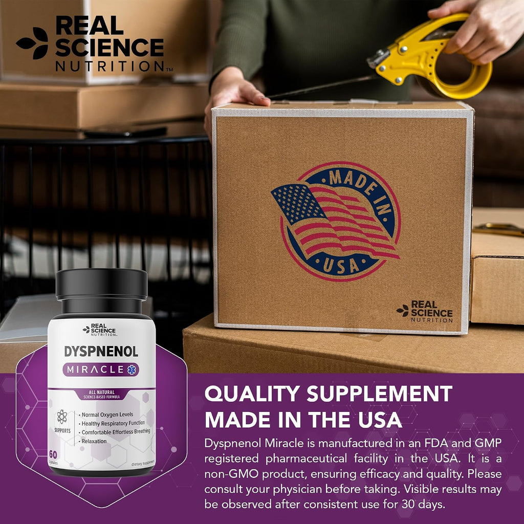 Real Science Dyspnenol - Suplemento Natural de Apoyo Pulmonar con Vinitrox y GABA, 60 Cápsulas