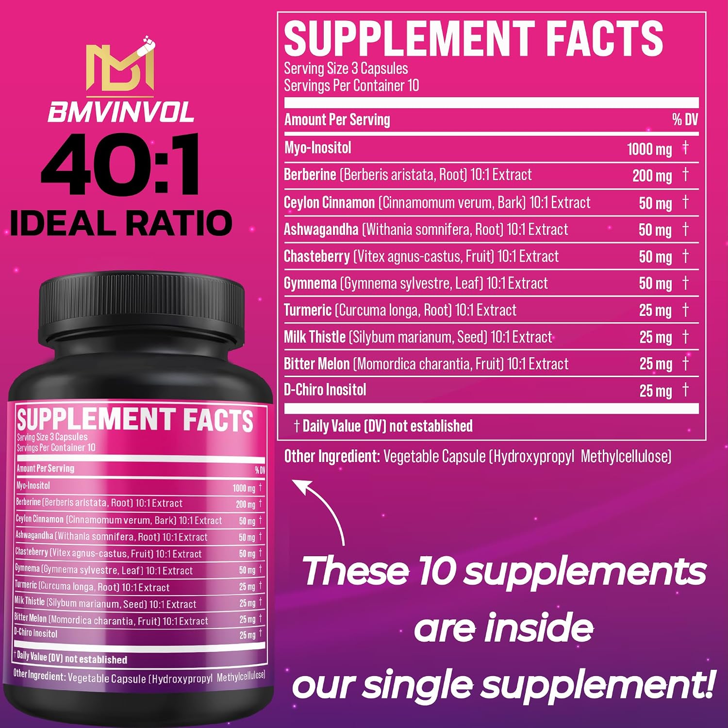 BMVINVOL Inositol Supplement - Myo-Inositol and D-Chiro Inositol Ideal 40:1 Ratio - Plus Berberine, Cinnamon, Ashwagandha + 5 More - 30 Capsules
